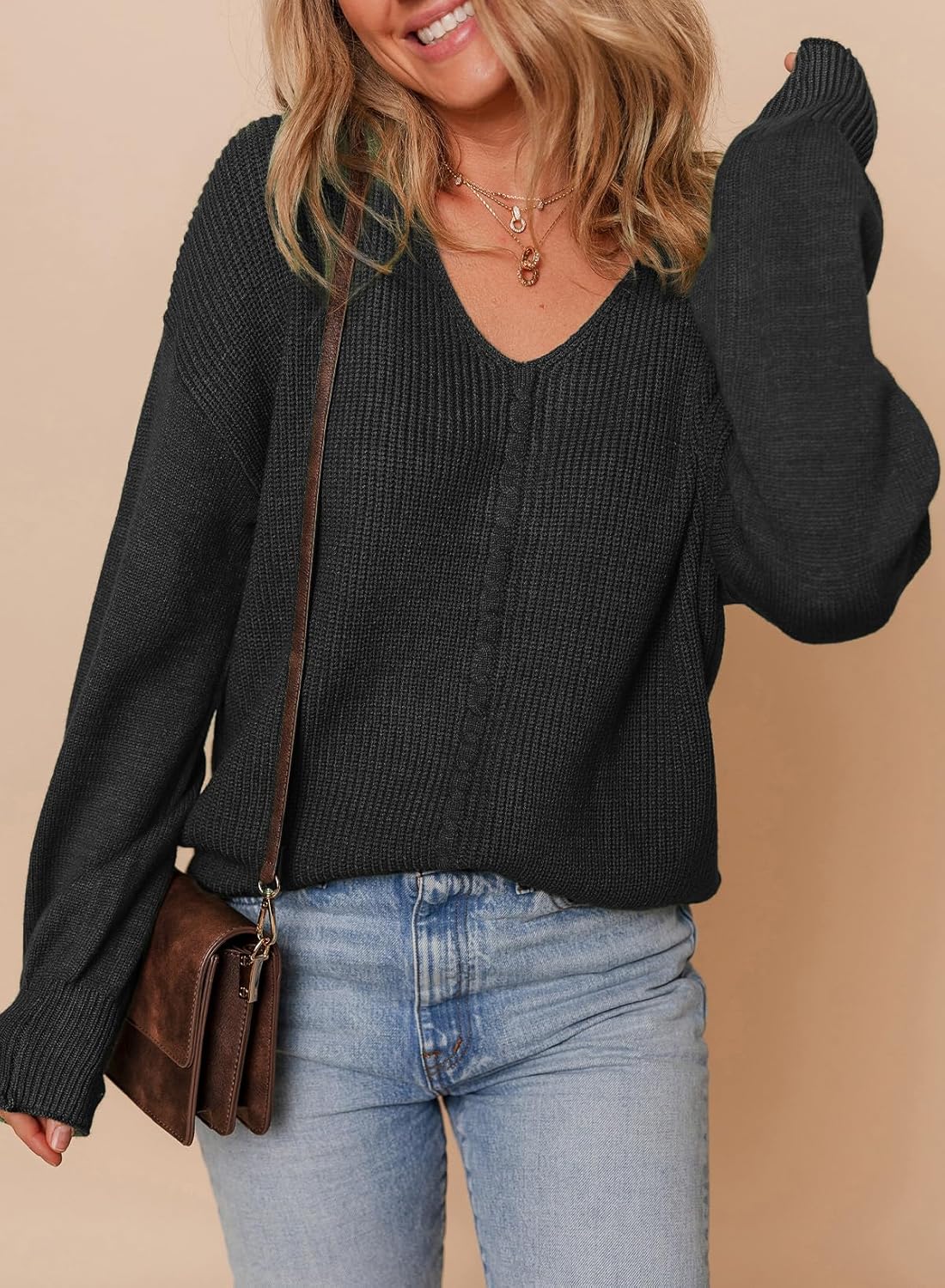 Dokotoo Women's Casual V Neck Sweaters Long Sleeve Pullover Sweater Knit Jumper Tops - Image 3