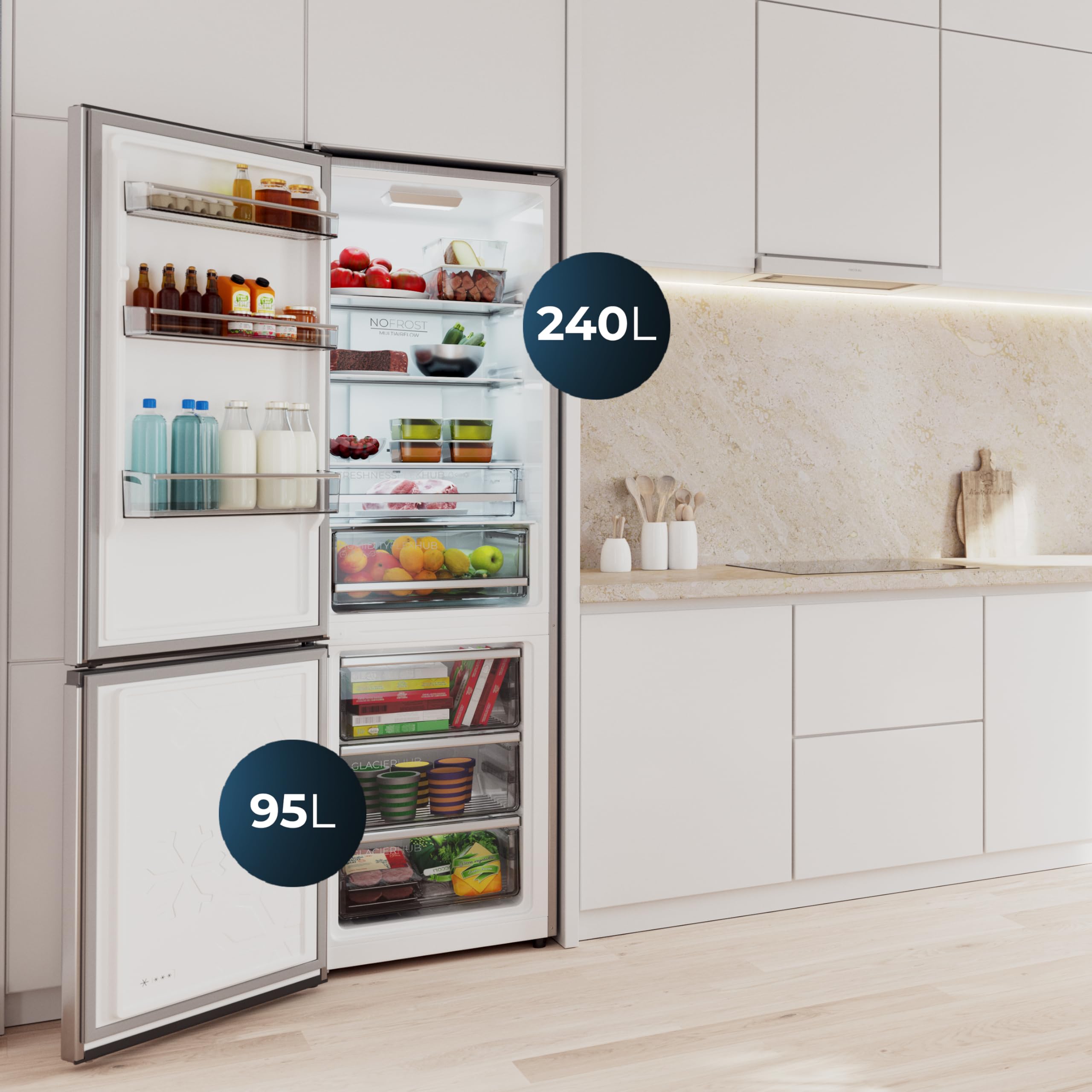 Cecotec Frigorífico Combi 335L No Frost Bolero CoolMarket Combi 335 Inox E. Altura 195,3cm y 59,5cm Ancho, Compresor Inverter Plus, Bajo Consumo, Estantes de Cristal, Cajón Control de Humedad, Inox