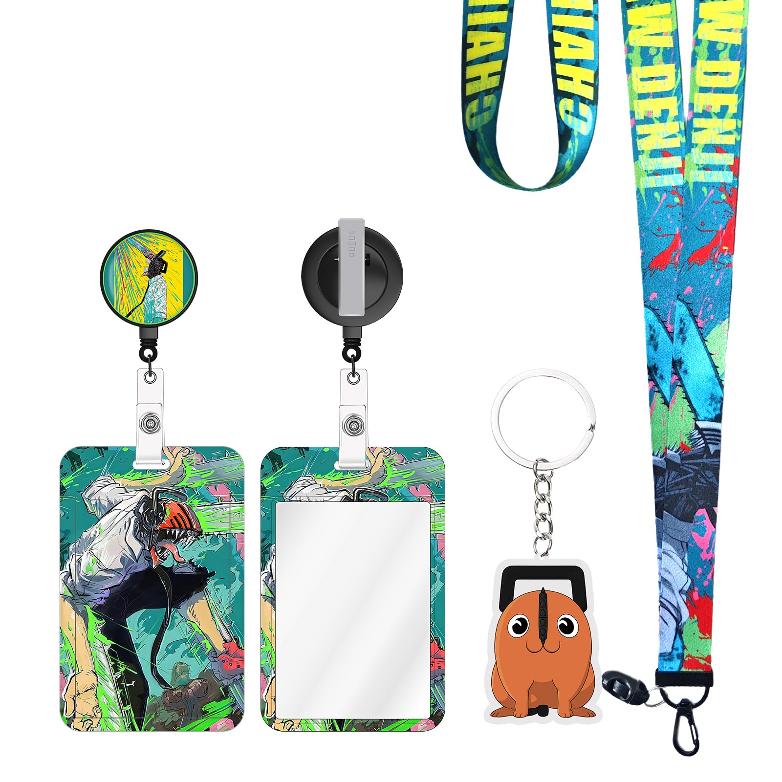 TJIUSI Anime Lanyard with Retractable Badge Reel and Funny Denji ID Badge Holder(with Anime Keychain) 4PCS Set Swivel Clip Alligator Clip for Nurses