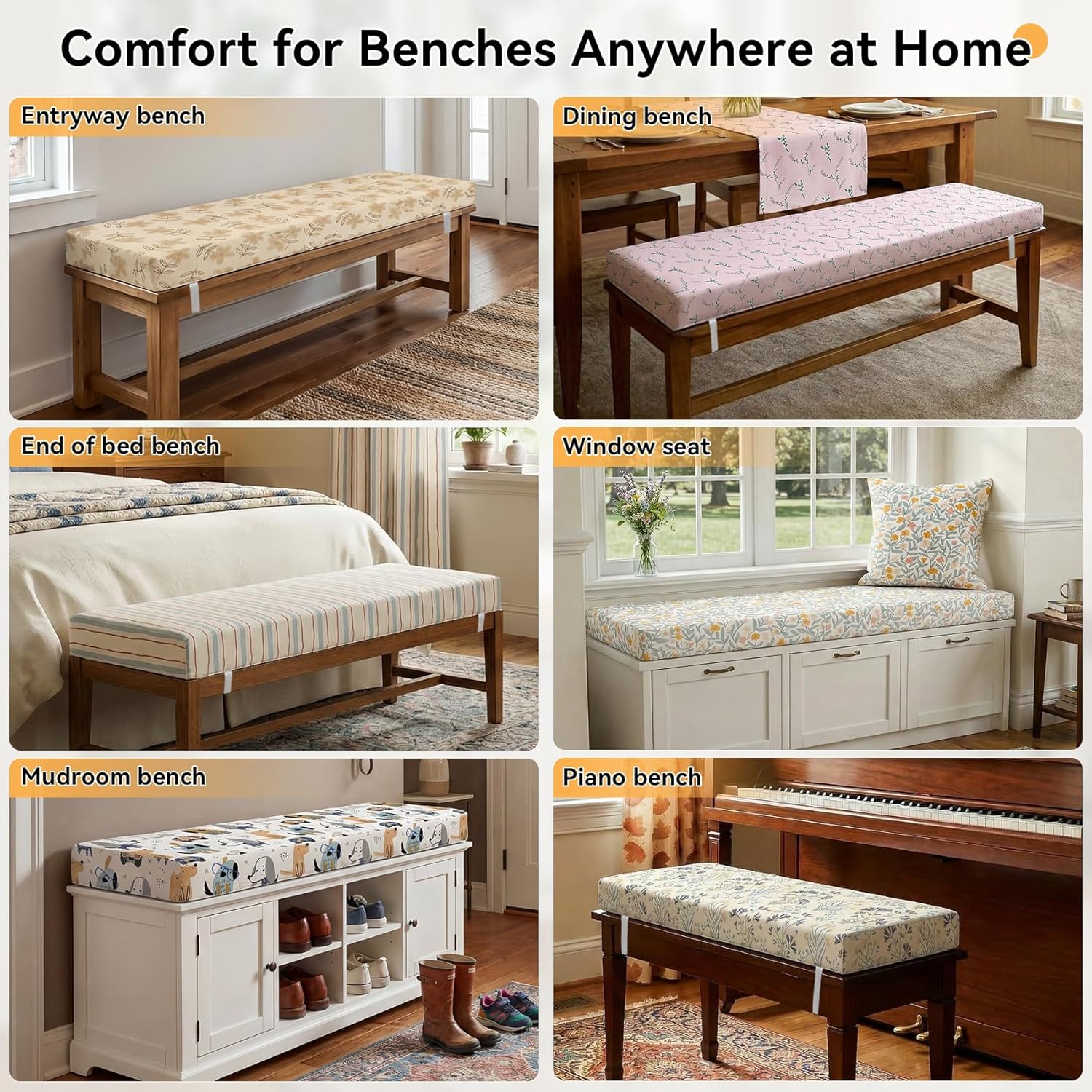 Custom Size Bench Cushion, Non-Slip High Density Foam Bench Seat Cushion for Indoor Furniture, Window Seat, Piano & Entryway Bench, Heavy-Duty Tie Straps, Printed Linen/Chenille/Brushed Fabric