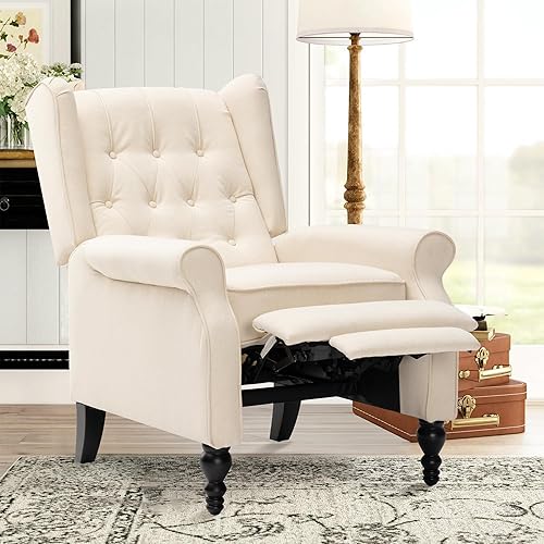 Mid Century Wingback Recliner Chair for Adults, Modern Linen Fabric Push Back Recliner Chairs with Button Tufted Upholstered Back & Footrest, Manual Recliner Chais for Living Room, Nursery, Ivory
