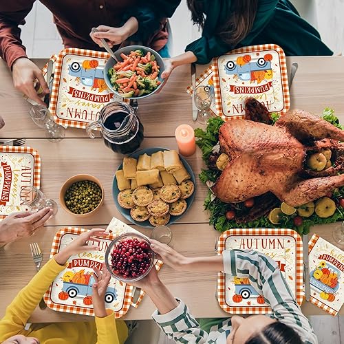 Miniatura 6 de Kit de suministros para fiestas temáticas de otoño, sirve para 50: juego completo de vajilla desechable de cosecha de otoño, incluye platos de papel