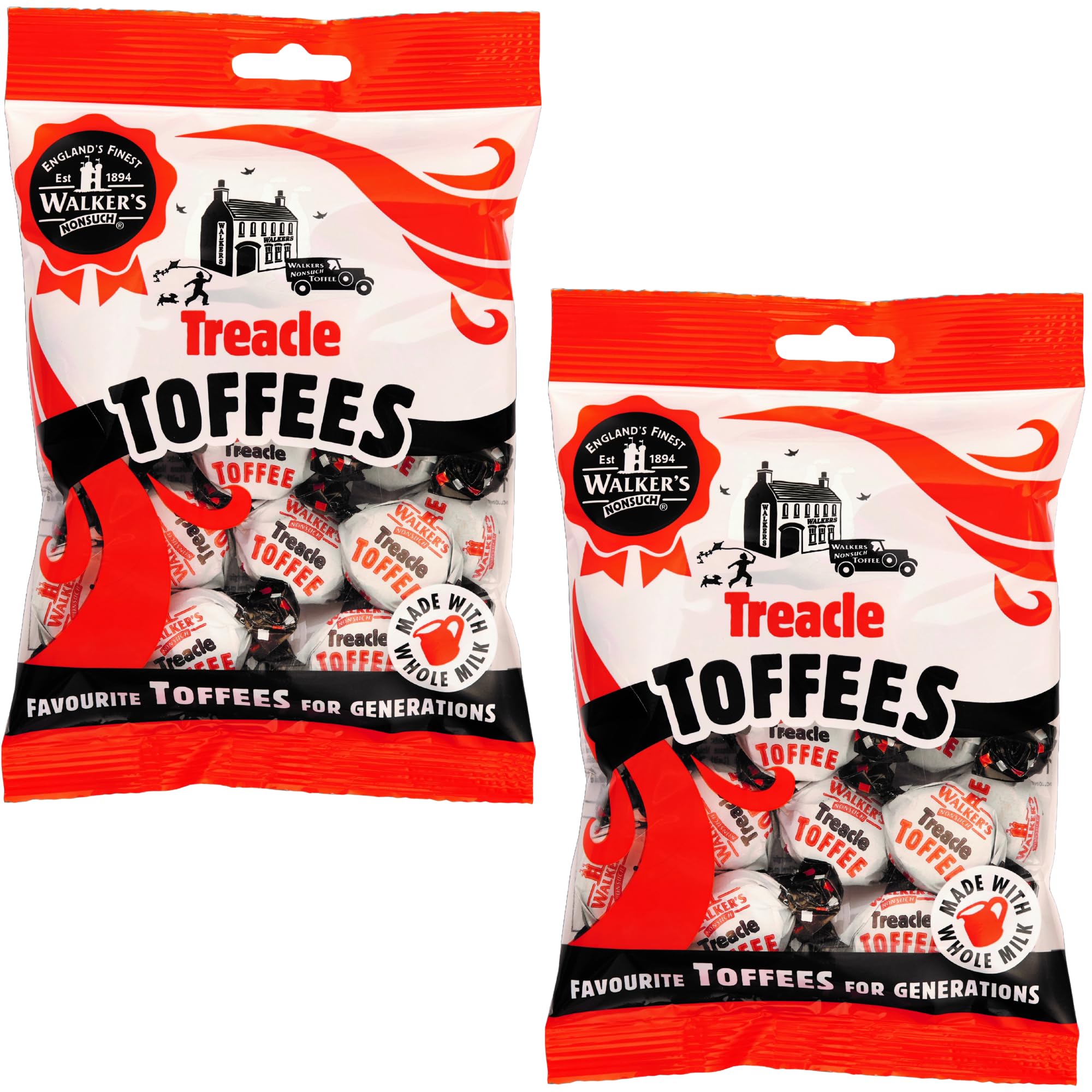 Walkers Nonsuch Treacle Toffees Bag 5.29 oz (Pack of 2) - Chewy Black Treacle English Toffee Candy, Traditional English Sweets, Gluten Free British Butter Candy, Imported from UK