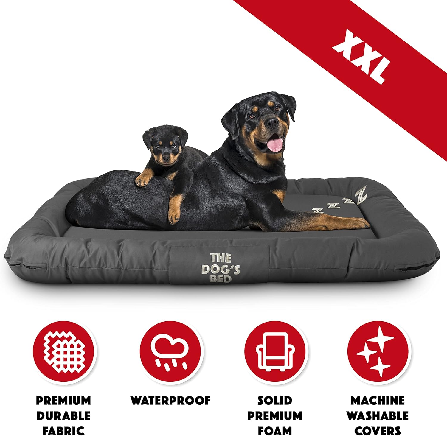 review The Dog’s Bed Utility Waterproof Dog Bed, XXL, Durable Grey Oxford Fabric, Tough YKK Zippers, Washable Reversible Cover, Dog Beds for Home Car Crate & Yard, Puppy & All Pet Comfort