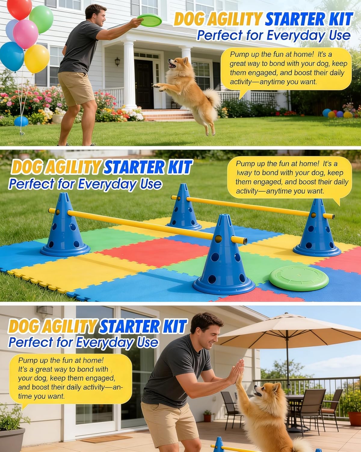 Dog Agility Course Backyard Set, 12 Inch Height Adjustable Hurdle with 12 Cones & 6 Rods, Carry Case, Indoor/Outdoor Dog Obstacle Equipment for Puppies & Rehabilitation.