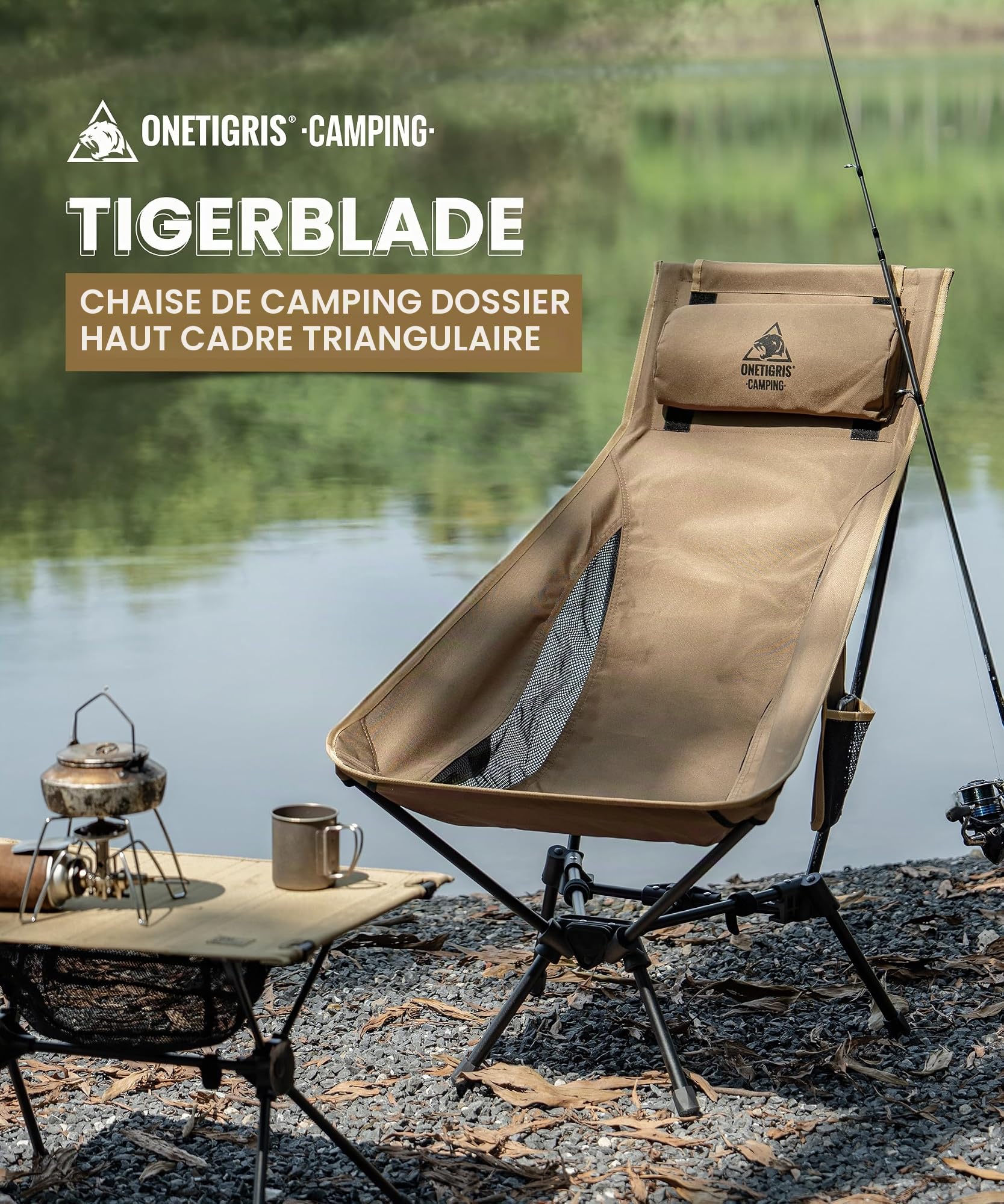 OneTigris Chaise de camping Tigerblade à dossier haut, capacité de charge 170 kg, cadre en aluminium, pliable, portable, taille adulte, pour l'extérieur