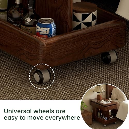 Miniatura 5 de Mesa auxiliar 100% de madera maciza con almacenamiento, mesita de noche pequeña con ruedas y escritorio giratorio, mesa de centro transformable para