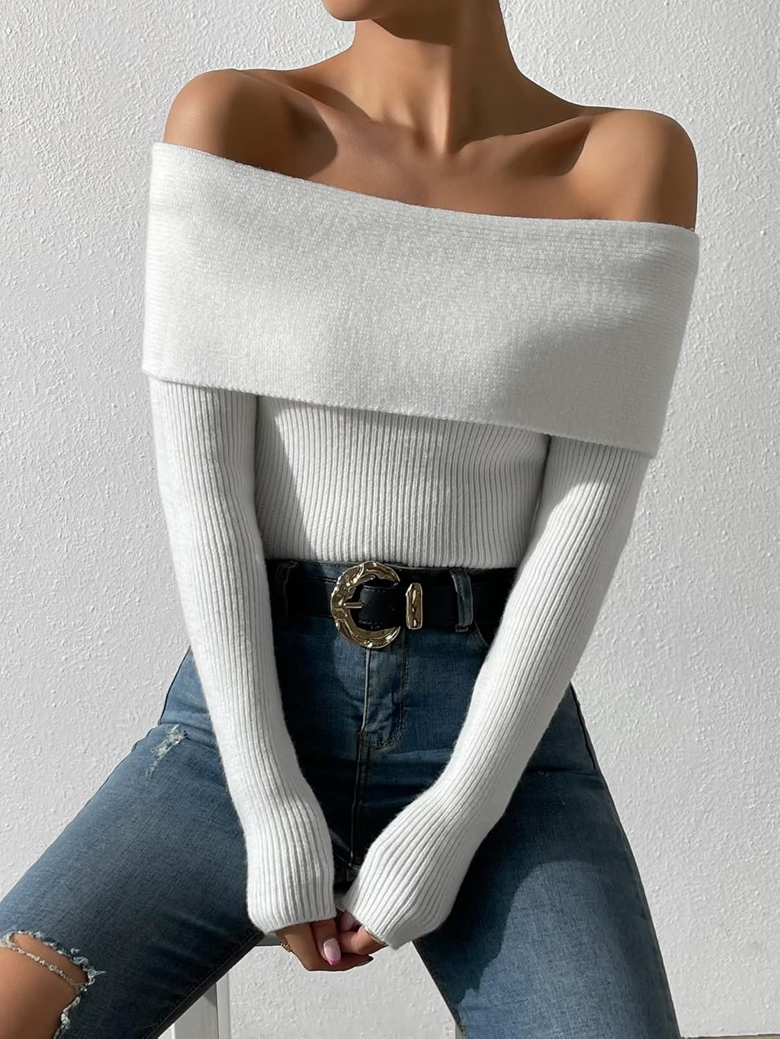 Women's Sweater Foldover Off Shoulder Rib-Knit Sweater Sweater for Women (Color : White, Size : Medium)
