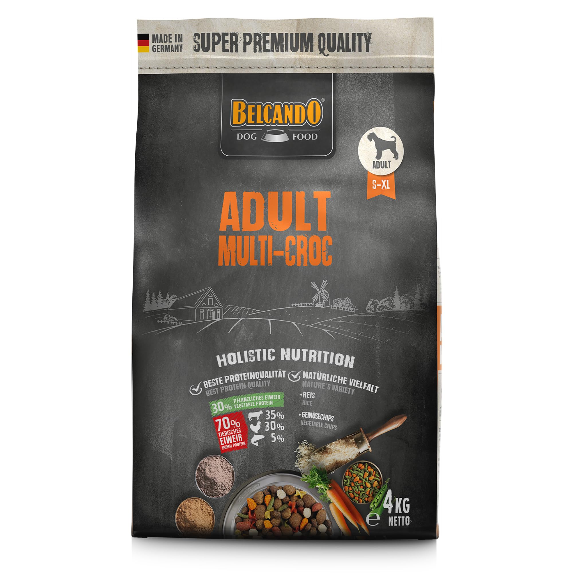 BELCANDO Adult Multi-Croc [4 kg] | Trockenfutter für Hunde mit Gemüsechips & Nudeln | Alleinfuttermittel für ausgewachsene Hunde ab 1 Jahr
