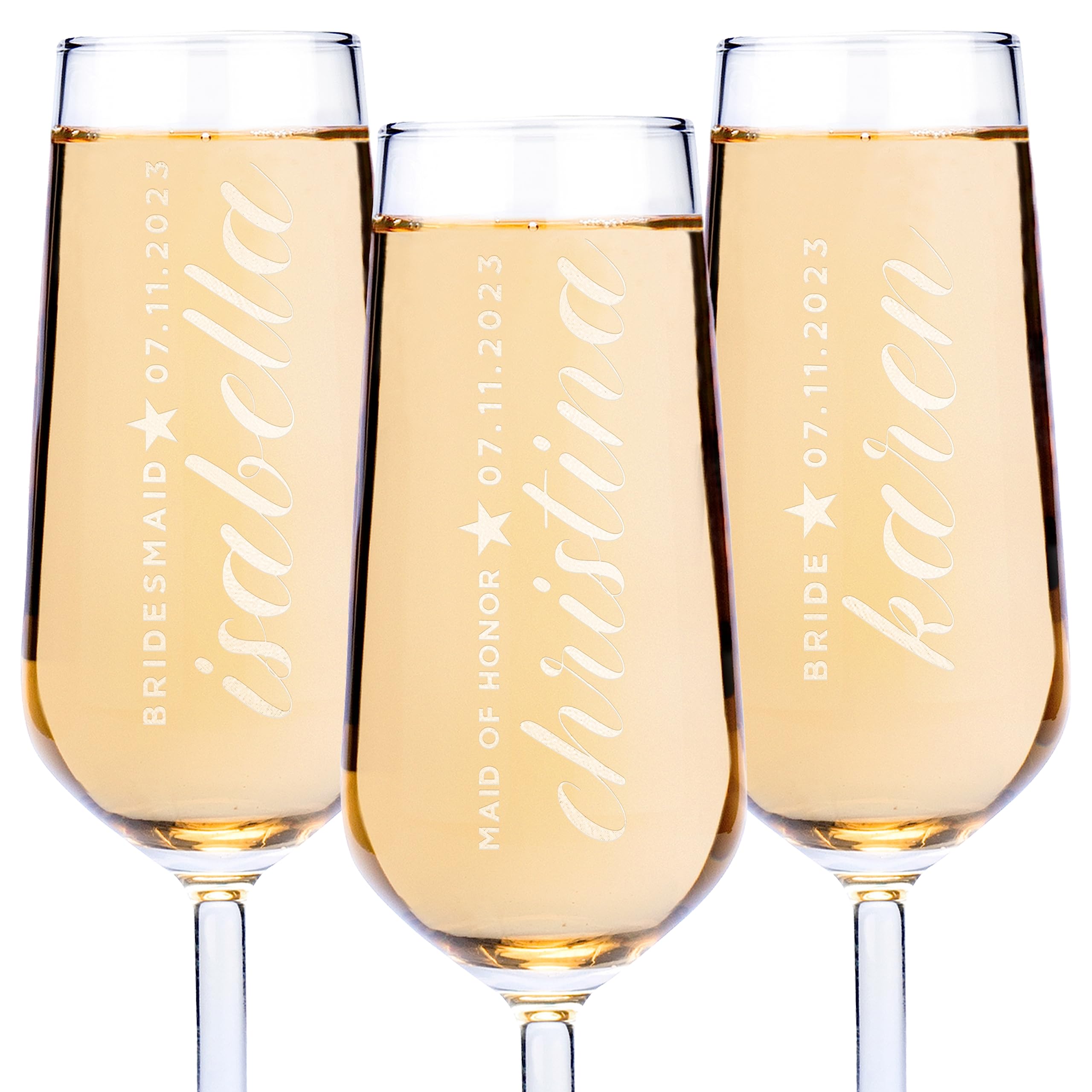 Customization Mill Bridesmaid Champagne Flutes Personalized with Name, Title and Date, Optional Set of 3, 6, 9, Bachelorette Party Champagne Glasses, Wedding Champagne Flutes - D4
