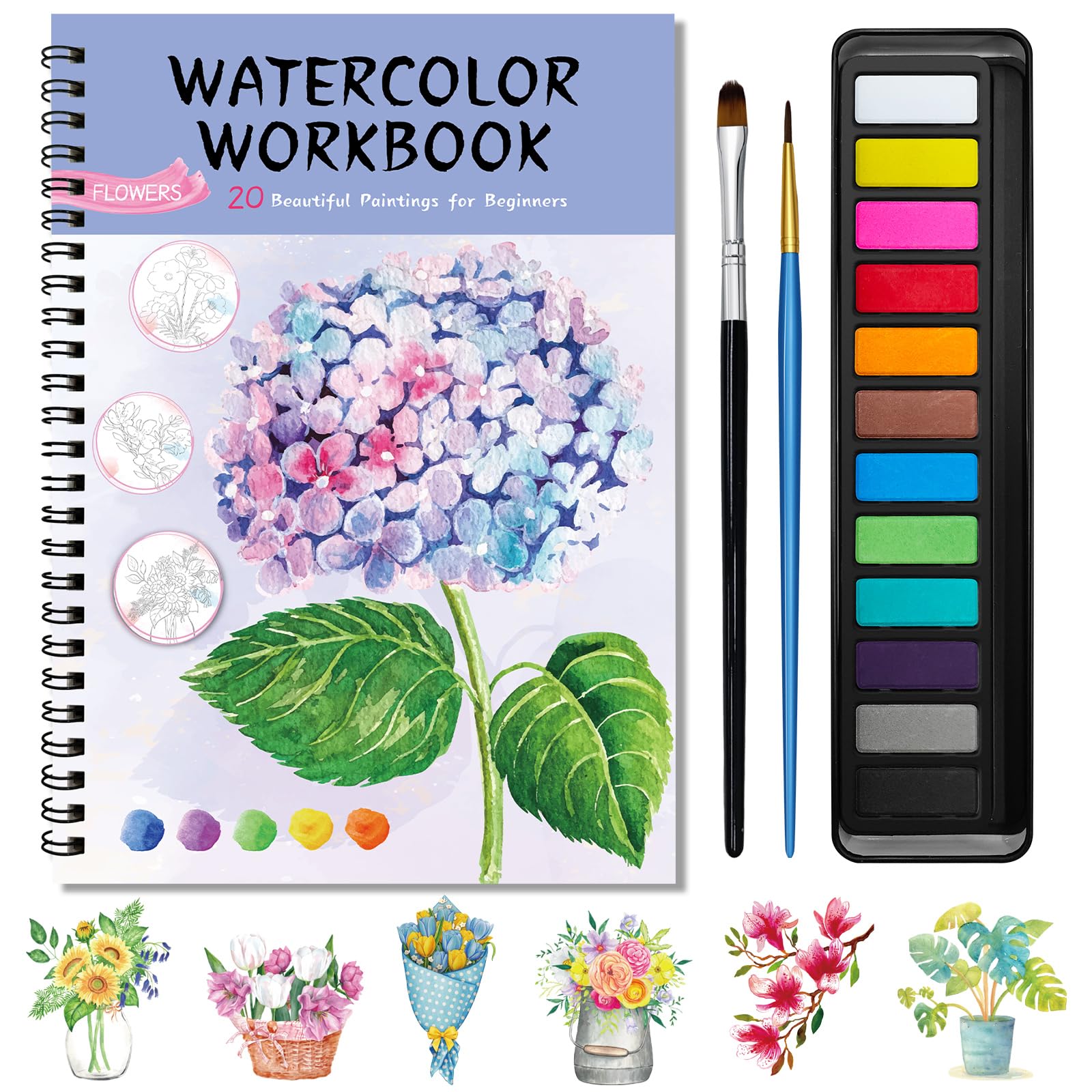 Kalysky Watercolour Workbook with 12 Colour Paints, Watercolour Book Paint Set with 2 Brushes for Adults Beginners, Watercolour Colouring Book for Painting, 220GSM Cold-Pressed Texture Paper