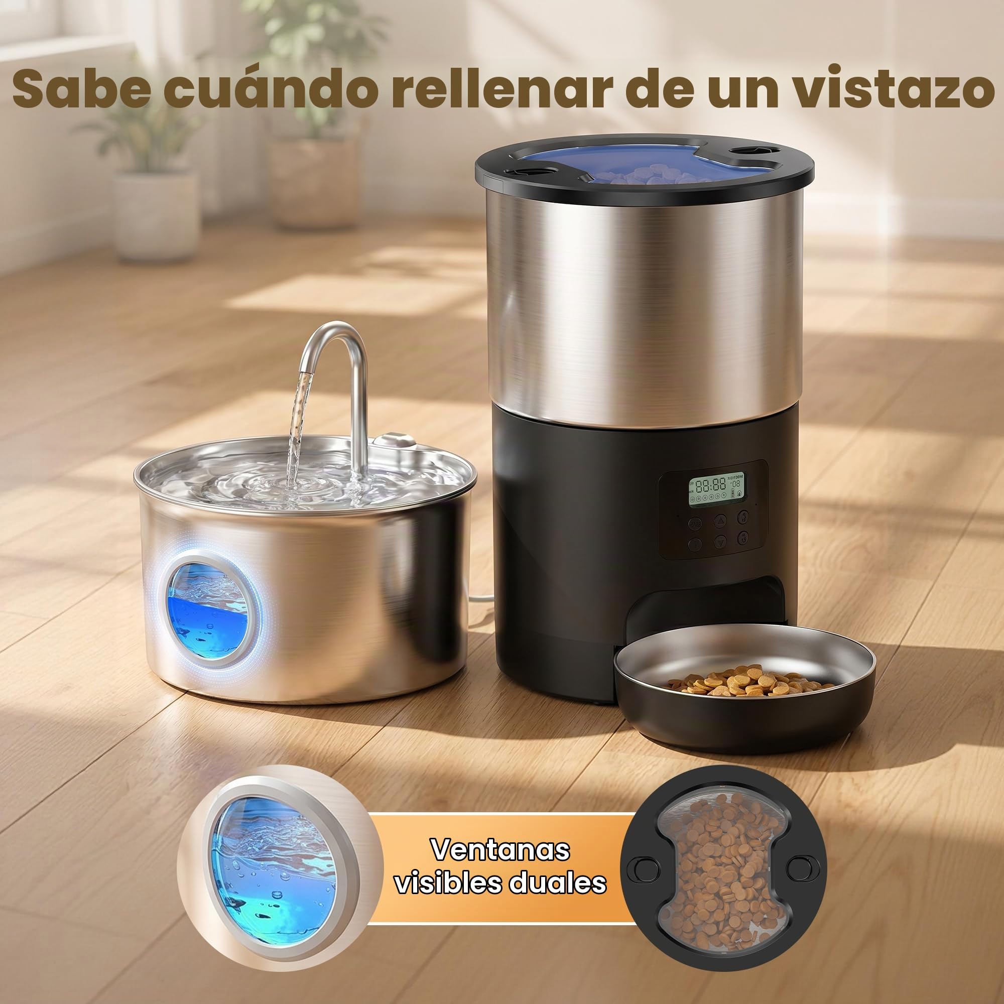 Fuente para Gatos y Comedero Gato Automatico: Acero Inoxidable Bebedero Gatos y Dispensador Comida Gato con Programable Temporizador 4 Comida al Día - 2.2L Dispensador Agua y 5L Alimentador Perro