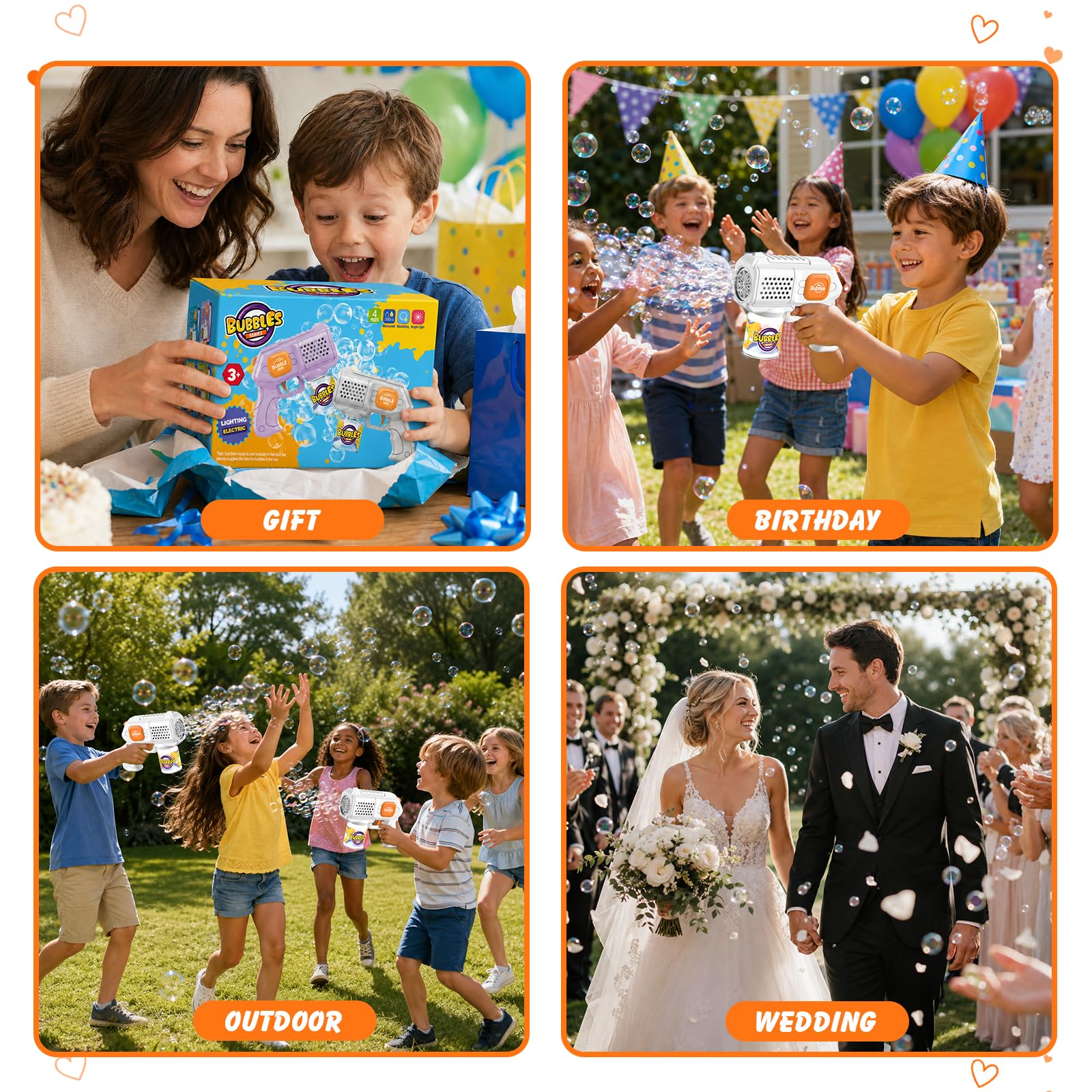 Pistola de burbujas para niños, 4 unidades, 10000 burbujas automáticas, con luz/10 agujeros/solución(4 frascos+10 recargas) para fiestas al aire libre regalo, color blanco