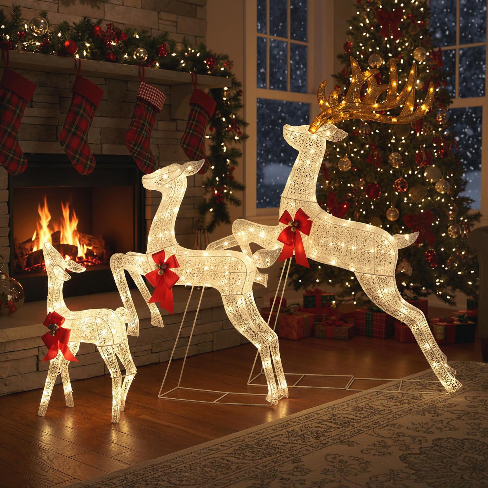 COSTWAY 3 teiliges LED Rentier Familie groß, beleuchtete Weihnachtsdeko XXL, Weihnachtsfigur mit 330 warmweißen Lichtern & Schleifen, Weihnachtsbeleuchtung, Weihnachtsdekoration für Außen & Innen