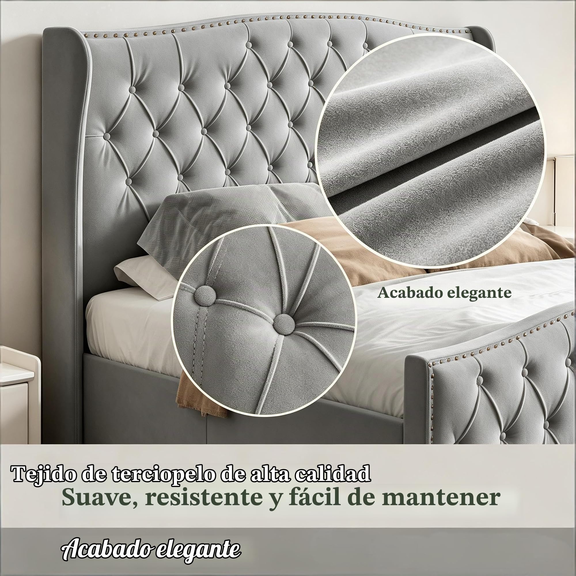 Cama matrimonial de 140 x 200 cm con patas de listones, cama con cajón de 140 x 200 cm con contenedor hidráulico, cama tapizada de 140 x 200 con cabecero para adultos y adolescentes (gris-1, 140 x 200