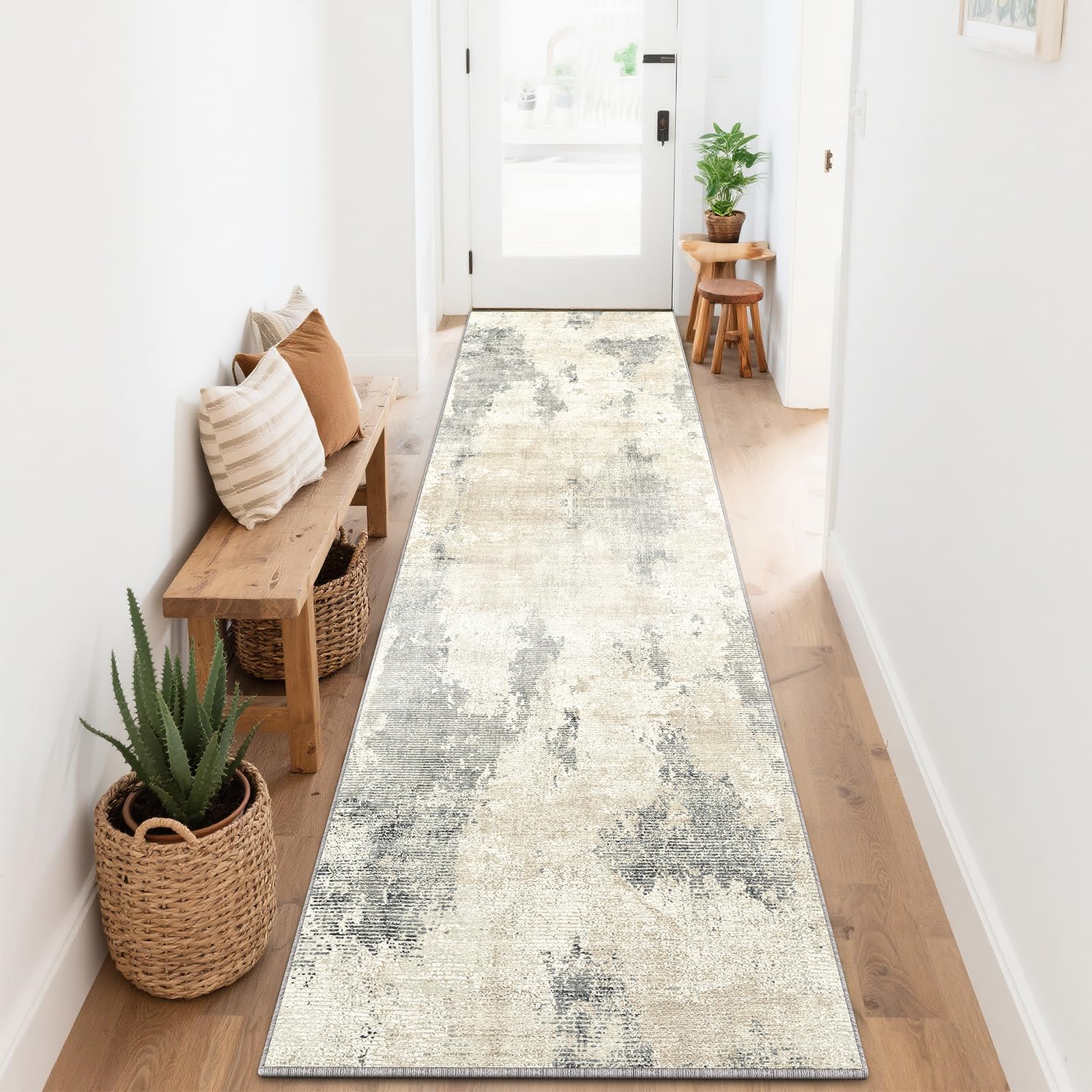 SOANNY Runner Rug, 80x300 cm Abstract Low Pile Carpet, Non-Slip Washable Area Mat for Bedroom, Hallway, Kitchen, Laundry, Entryway, Utility, Beside Sofa, Office, Beige Grey