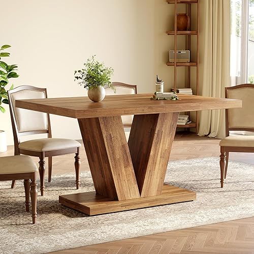 Miniatura 2 de LITTLE TREE Mesa de comedor de 47 pulgadas para 4, mesas de comedor modernas, mesa de cocina rectangular marrón con pedestal en forma de V, mesa de