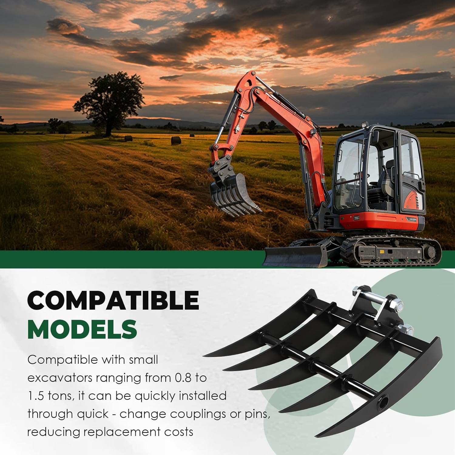 Mini Excavator Attachment Rake, Wide Backhoe Rake 0.8T - 1.5T Mini Excavator Attachment Span 90MM / 3.54In Center Distance 90MM / 3.54In Hole Diameter 25MM / 0.98In