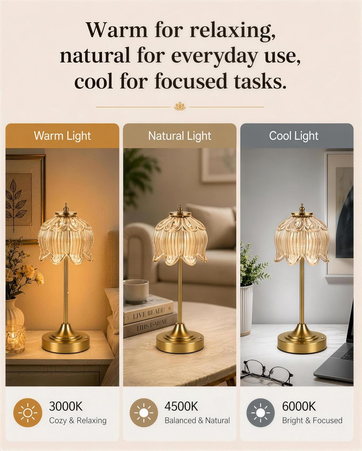 Lotus Flower Cordless Rechargeable Table Lamp, 3 Color Modes, Touch Control image 3