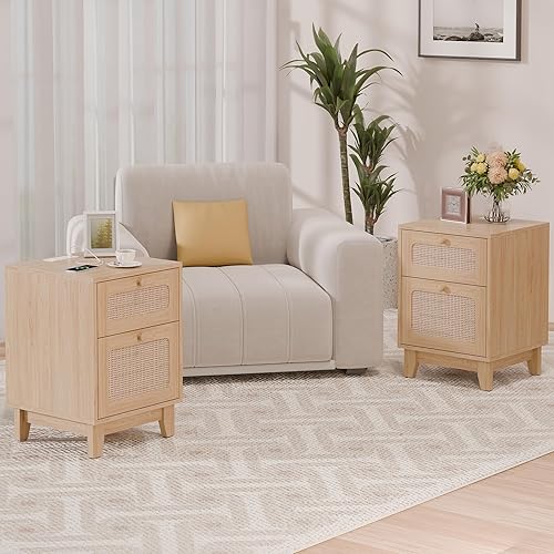 Miniatura 10 de Betterhood Mesita de noche de ratán con estación de carga puertos USB y tomas de corriente mesa auxiliar de madera para sala de estar y dormitorio