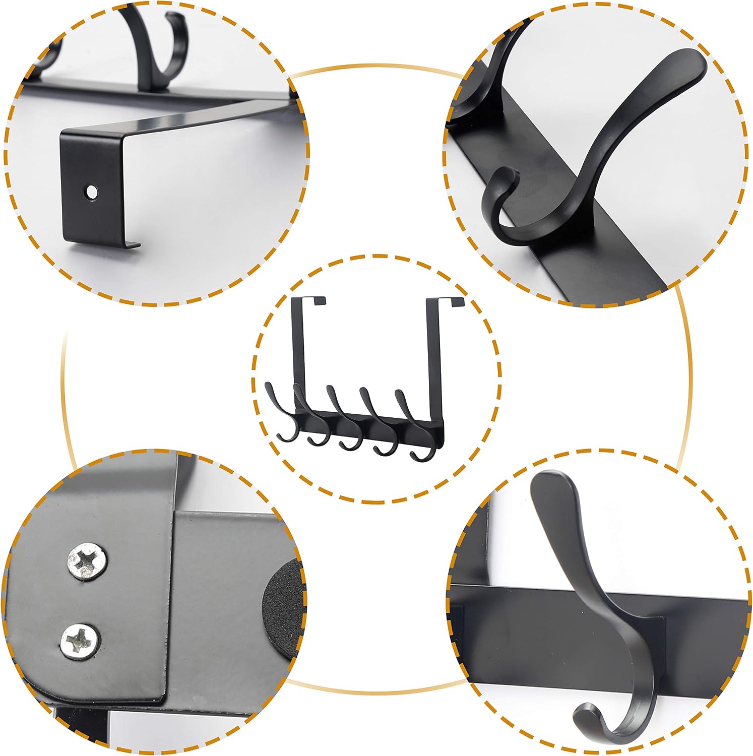 SKOLOO Over The Door Hook Coat Rack - 5 Hooks, Sturdy Metal Coat Hook Door Hanger, Over Door Hook for Hanging Clothes/Coat/Towel/Robes/Purse, White & Black