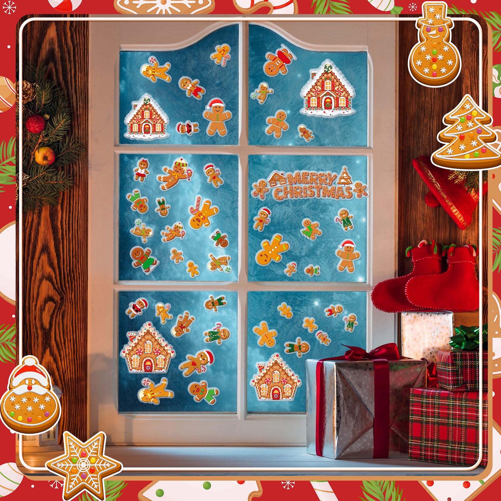 Tellingyou 56 Stück dicke, weihnachtliche Gel-Aufkleber für Lebkuchenmann, Süßigkeitenhaus, Fensteraufkleber, Weihnachts-Fensteraufkleber, Aufkleber für Erwachsene, Zuhause, Kinderzimmer, Weihnachten,