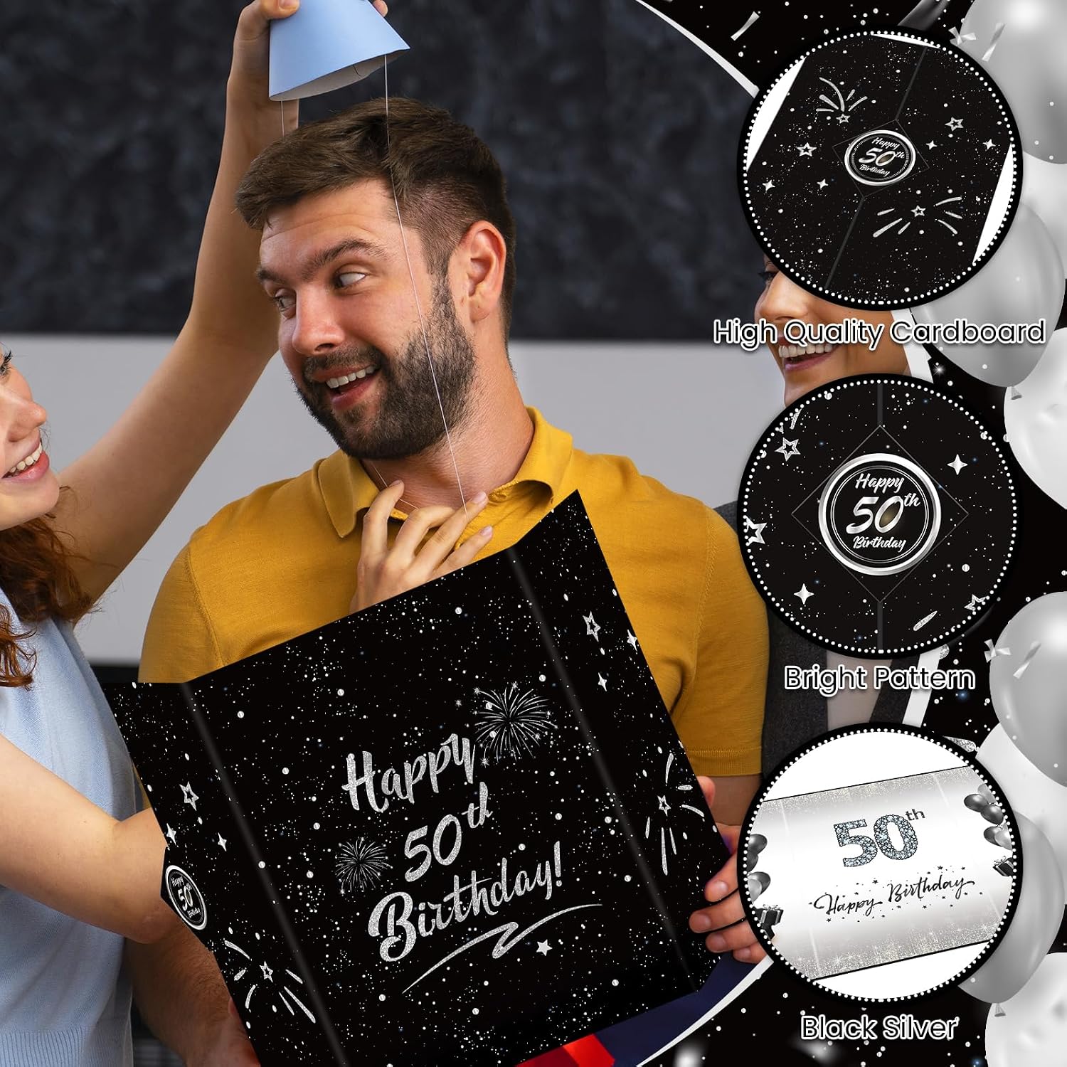 50th Birthday Party Decorations Men Women Black Silver Happy Birthday Signature Guest Book Alternative for Men Women 50th Birthday Anniversary Party Gifts Supplies Favor Decor Greeting Card Creative