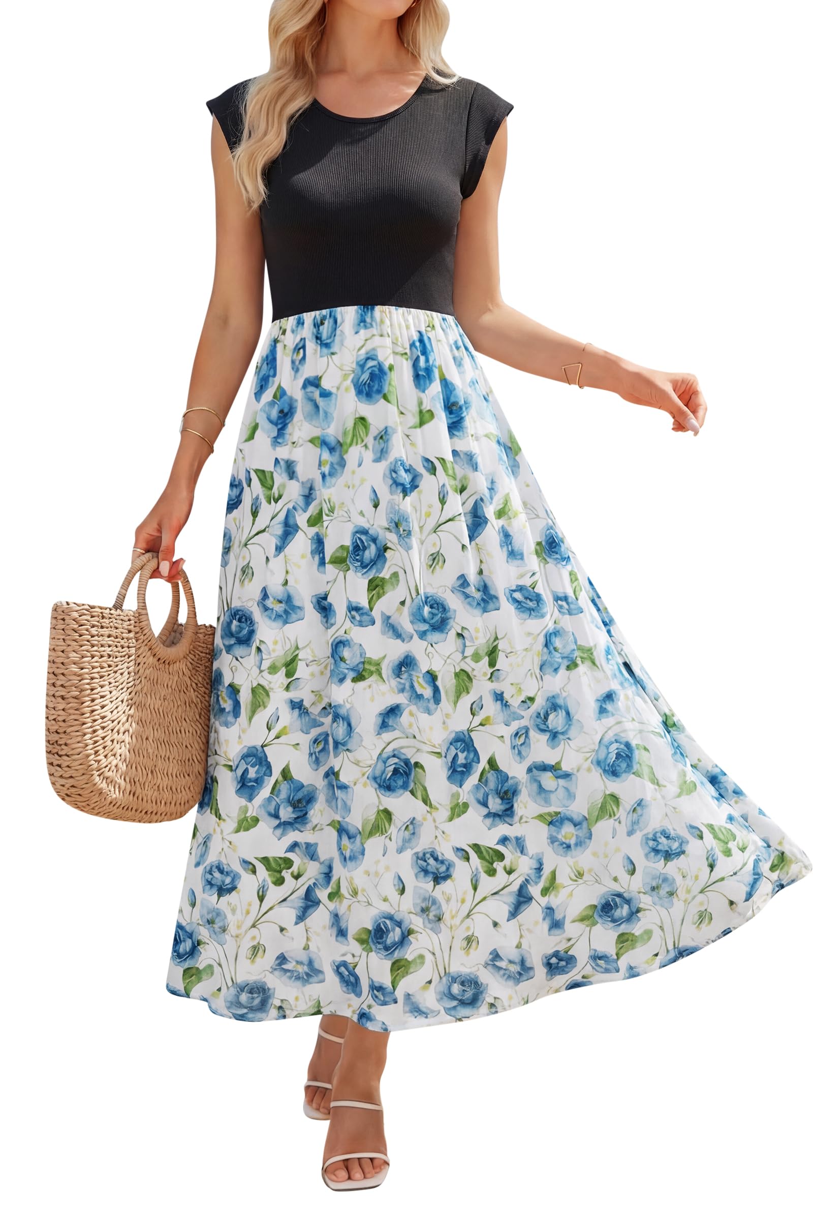 OUGES Women's Ruffle Sleeve Patchwork Maternity Maxi Dress with Pockets