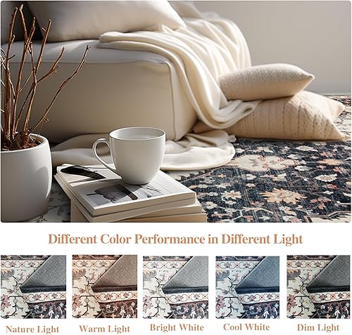 Miniatura 2 de Alfombra para interior, lavable a máquina, antideslizante, de pelo bajo, floral, azul negromulticolor, 5 pies 7 pies