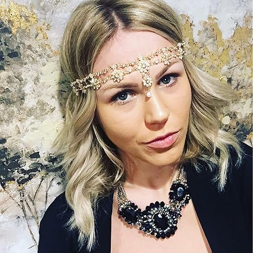 Miniatura 4 de Diadema para la cabeza de boda, diadema floral dorada, joyería de cabeza de cristal de perla, tocado elástico Holloween, piezas de pelo de diosa,