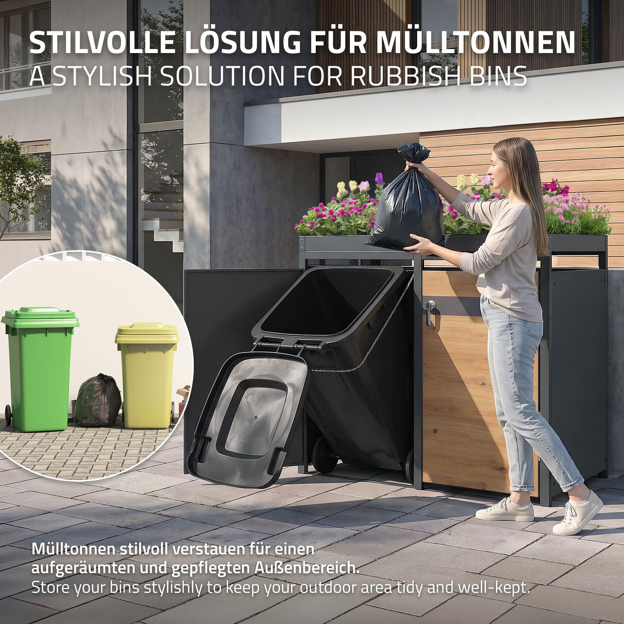 ML-Design pojemnik na odpady z daszkiem na 4 pojemniki na odpady, 240L 264x80x124 cm, debowy, stalowy, odporny na warunki atmosferyczne, zamykana pokrywa pojemnika na odpady z drzwiczkami