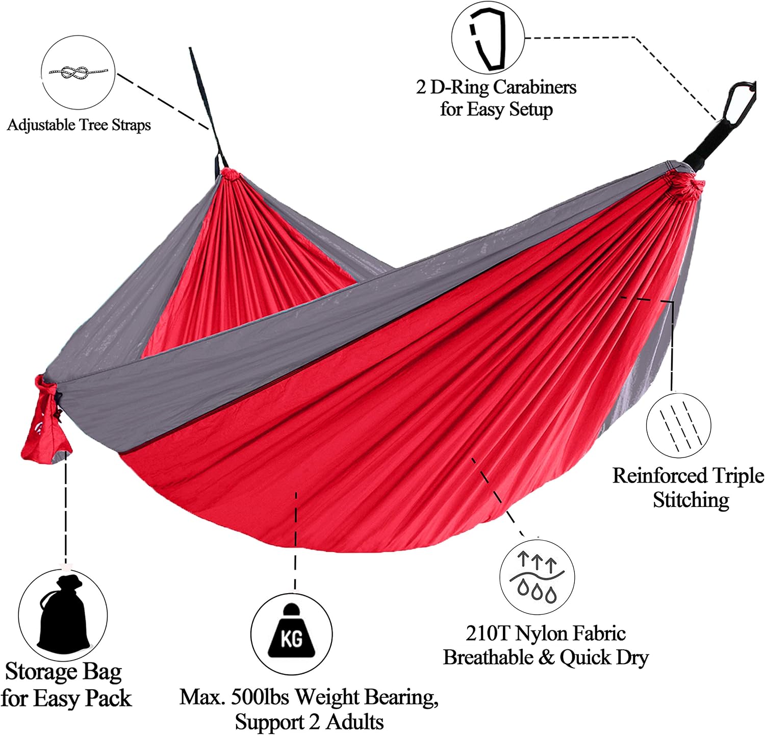 Favorland Camping Hammock Double & Single with Tree Straps for Hiking, Backpacking, Travel, Beach, Yard - 2 Persons Outdoor Indoor Lightweight & Portable with Straps & Steel Carabiners Nylon(RedGrey)