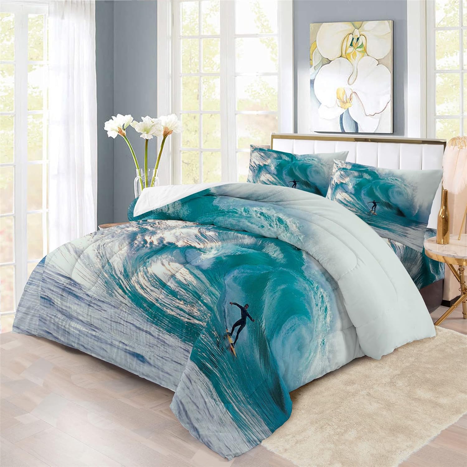 Giant Wave Surfing Theme Bedding Set Bed in A Bag 7PCS Summer Ocean Surfing Surfboard Comforter Set,includ 1 Fitted Sheet + 1 Comforter + 4 Pillow Shams + 1 Flat Sheet (A,Full-Bed in A Bag-7PCS)