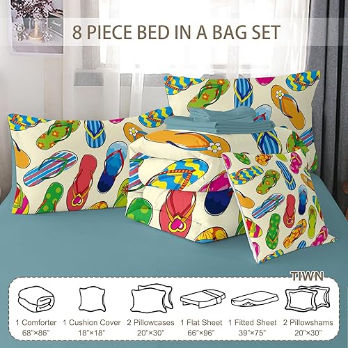 Miniatura 8 de Juego de edredón de playa colorido para niños y niñas, cama moderna de 8 piezas en una bolsa, 1 edredón, 2 fundas de almohada, 1 sábana encimera, 1