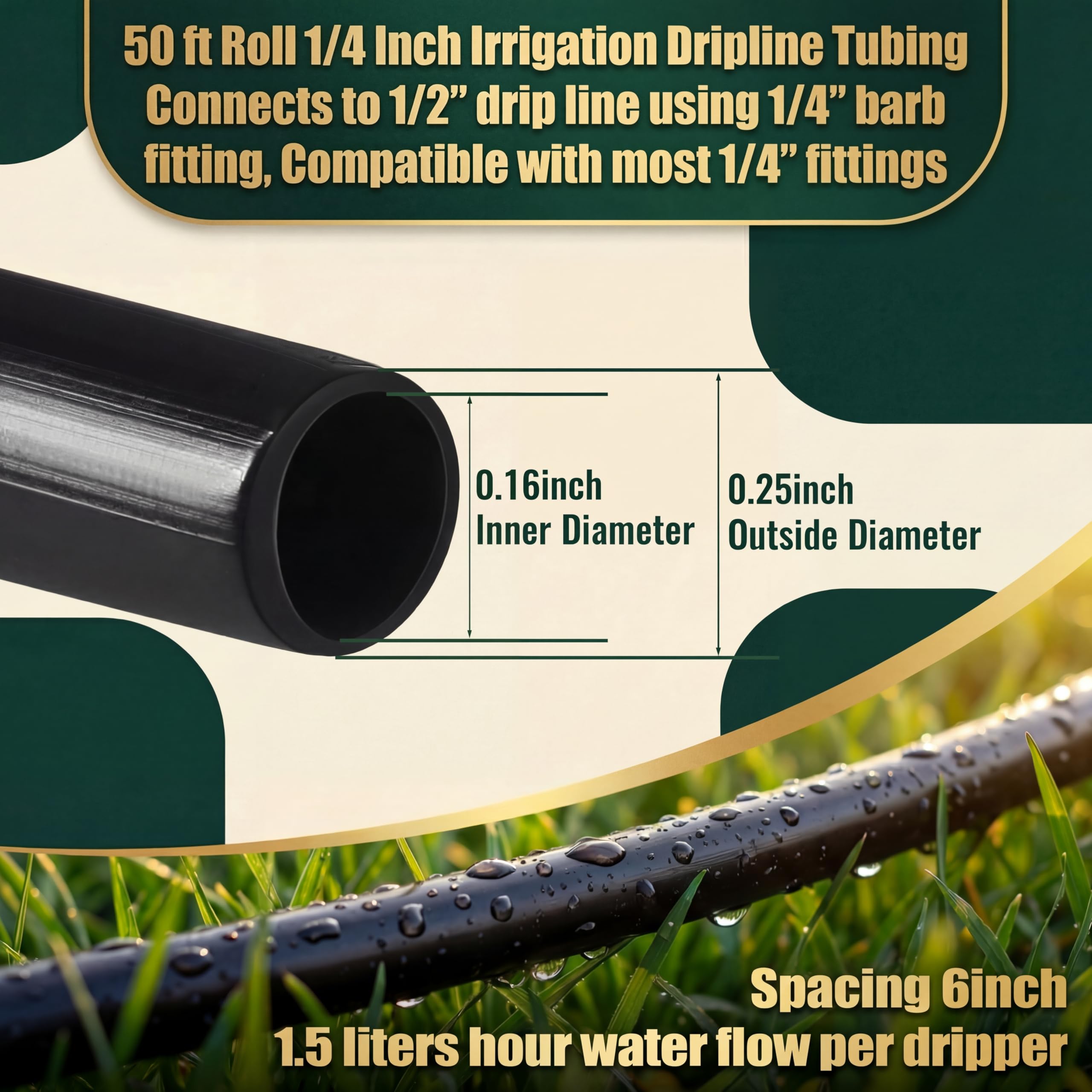 Tubo de riego hidropónico de 1/4 pulgadas con espacio de emisor de 6 pulgadas, tubo emisor de línea de goteo de riego para riego eficiente de camas elevadas de jardines (negro, 50 pies)