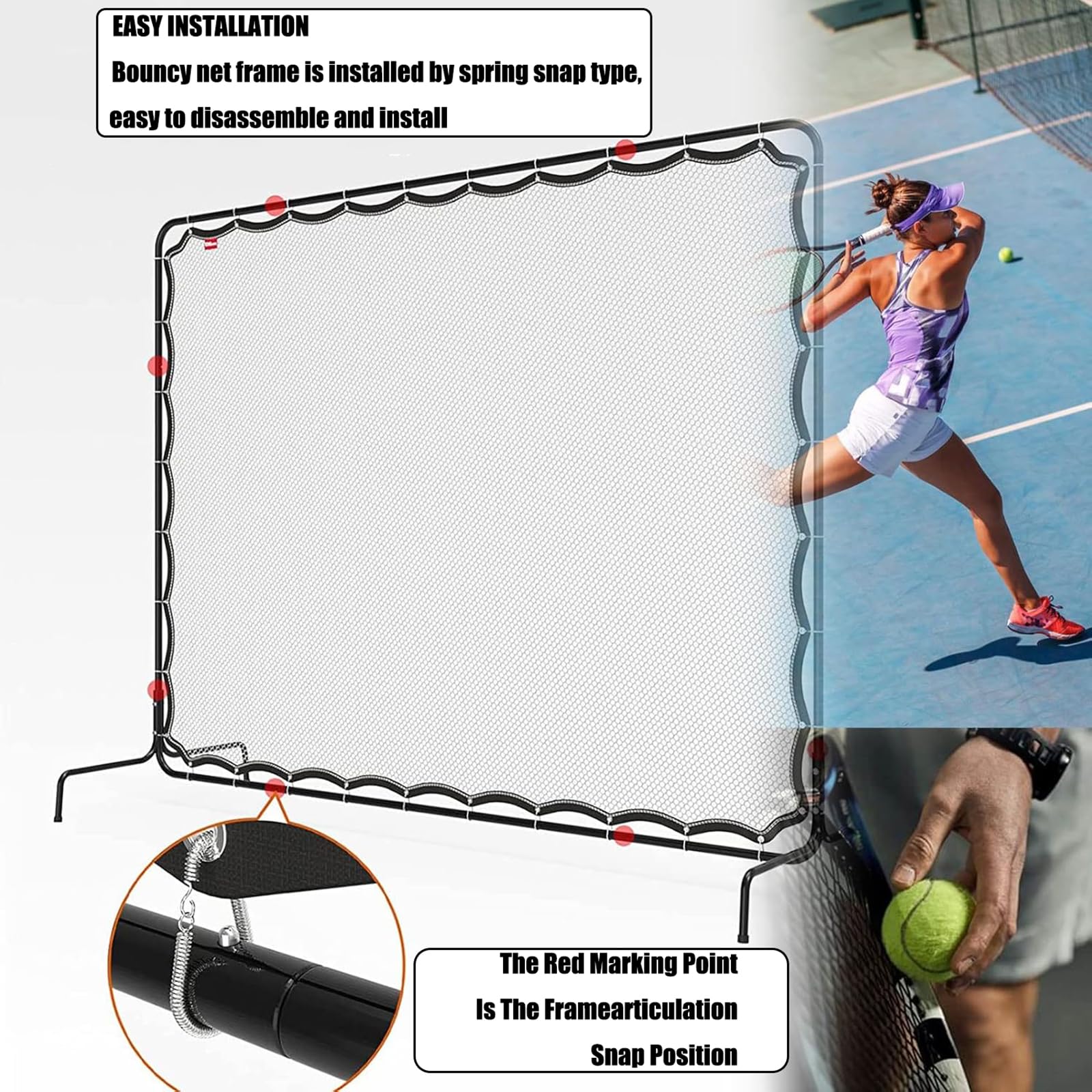 Rete da rimbalzo da tennis, 2,7 x 2,1 m, telaio in acciaio portatile per allenamento da solo, facile da montare per campi da tennis all'aperto e allenamento in cortile