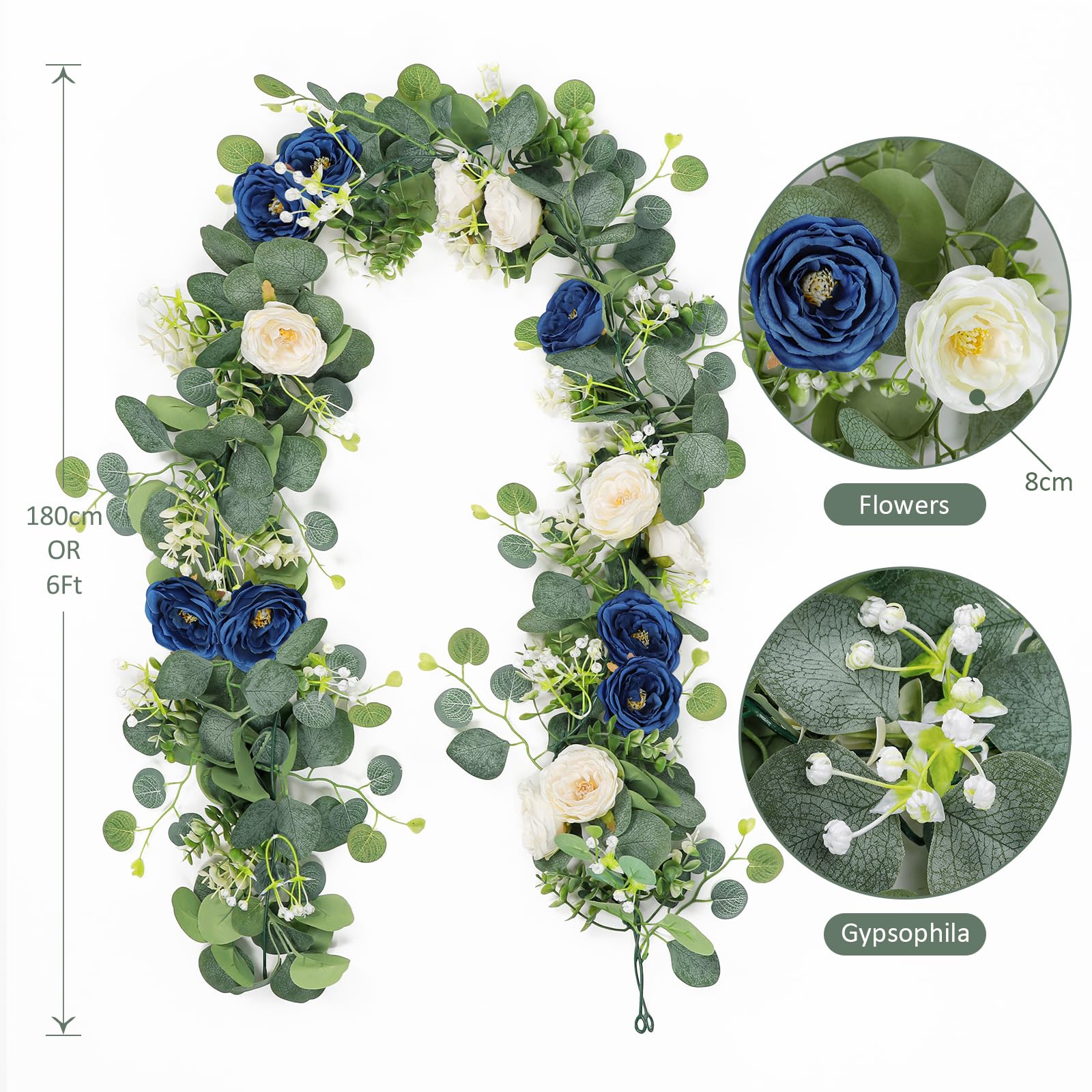 UXORSN 4PCS 24FT Artificial Eucalyptus Flower Garland with Navy Blue and White Roses Fake Flowers Greenery Garland Faux Gypsophila Floral Vines for Wedding Party Home Table Runner Decor - Image 4