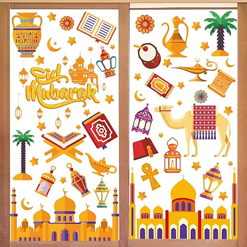 Whaline Ramadan Mubarak - Calcomanías para ventana de Eid Mubarak de dibujos animados, castillo musulmán, camello, calcomanías de PVC para hogar,