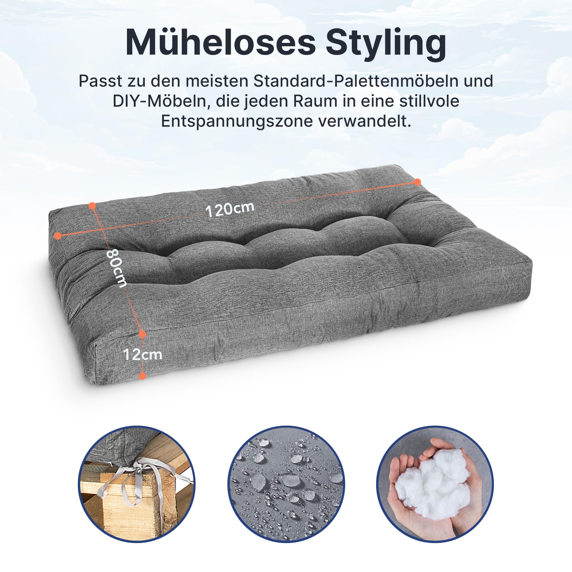 MKS Palettenkissen 120 x 80 | Outdoor-Palettenkissen mit Spanngurten passend zur Palette | Balkon-Sofa-Wasserdicht | Balkon-Palettenmöbel | Europaletten-Sitzkissen | Outdoor- Bankauflage