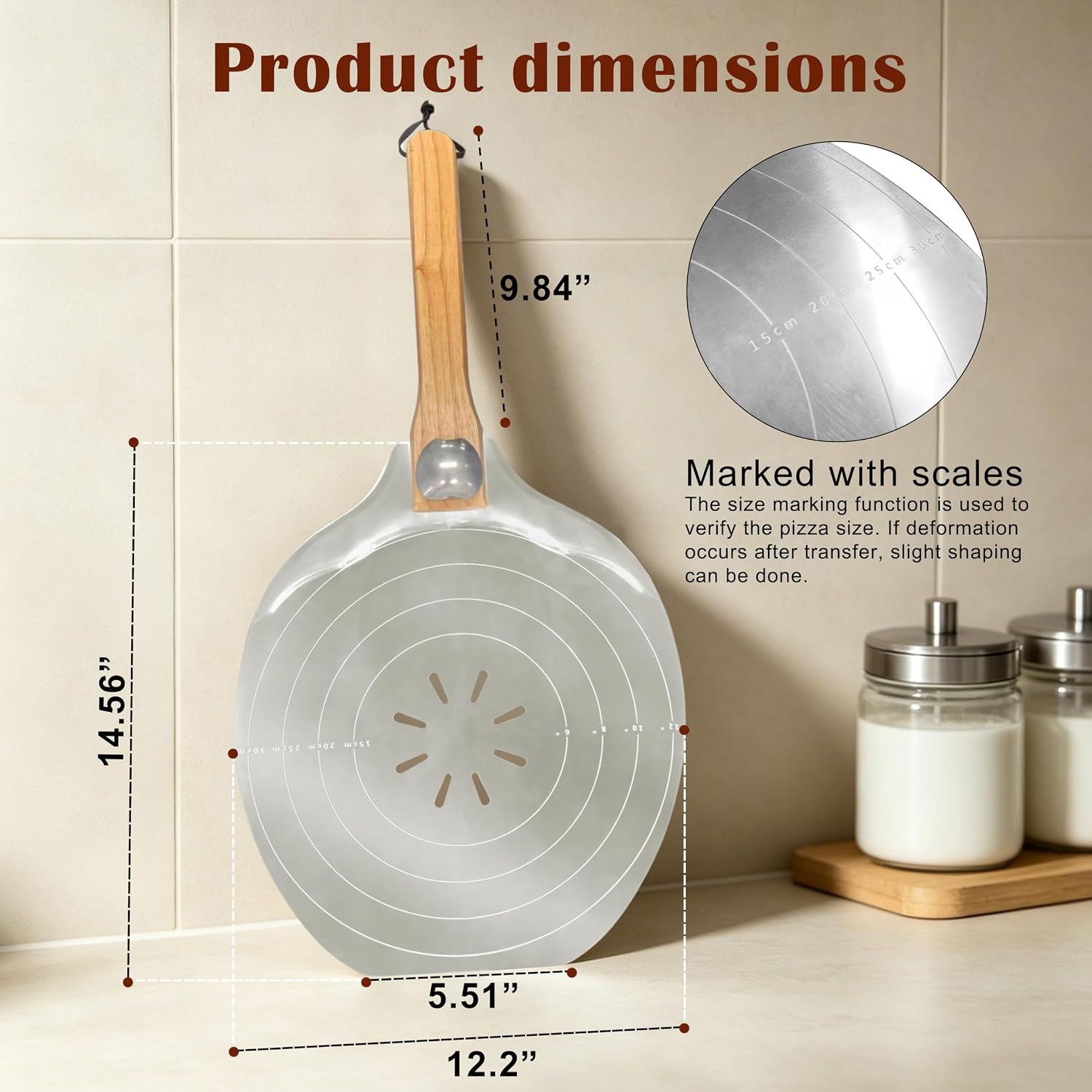 Aluminum Pizza Peel 12 Inch with Foldable Wooden Handle, Perforated Pizza Paddle Spatula with Engraved Size Guide
