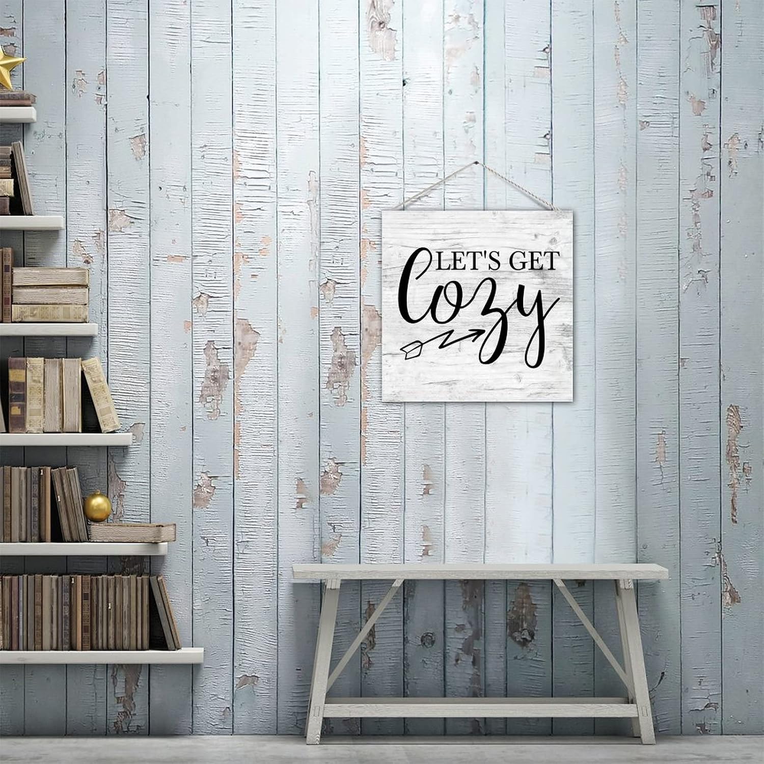 Wood Pallet Sign Let's Get Cozy Inspirational Rustic Wood Wall Pediment with Rope Old Fashioned Wooden Plank Hanging Sign Family Sign for Lake House Yard Decorations 12in