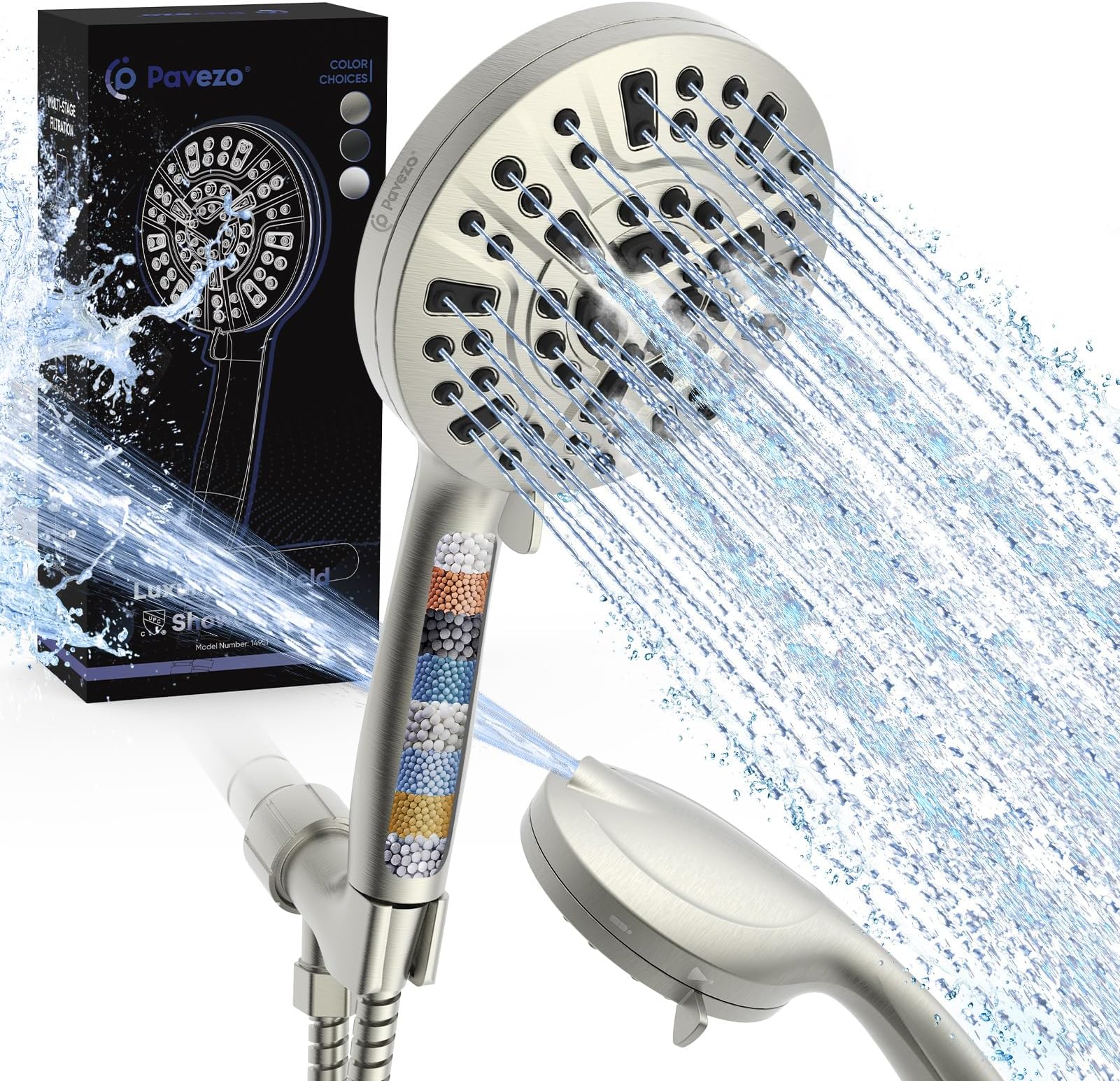 Pavezo® High Pressure Shower Head Handheld 5" Large, 10-mode Portable Detachable Shower Head with Hard Water Filter, Extra Long 60" SS Hose, Anti-clog & Powerful to Clean Tile & Pets, Brushed Nickel