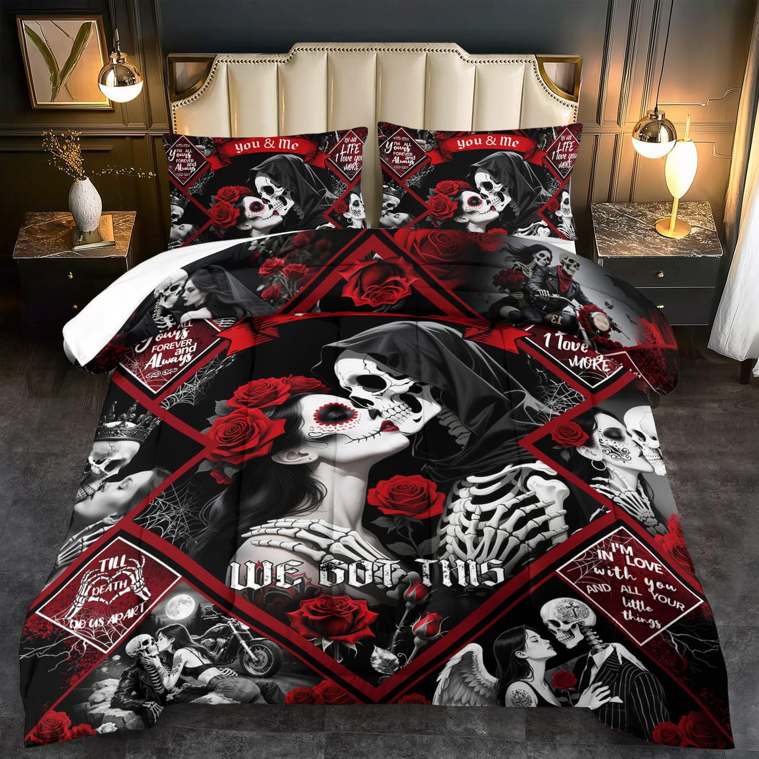 Red Skull Comforter Set Queen Size Women Men Black Goth Bedding Set Girls Gothic Queen Size Comforter Couple Red Rose Couple Bedding Boho Skull Quilt Bedroom Decor
