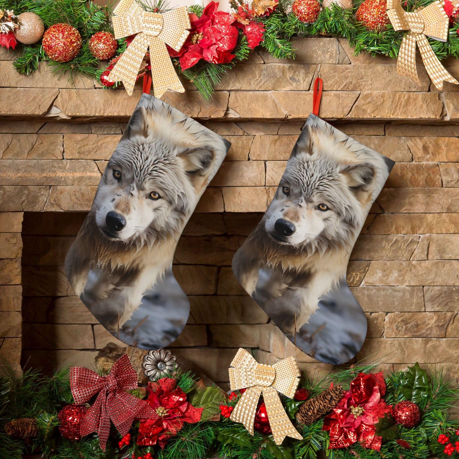 KLOPH Christmas Stockings 18" Personalized Xmas Stocking Walking Wolf Decoration Stockings Hanging Ornaments Fireplace Stocking for Holiday Xmas Tree Christmas Decor