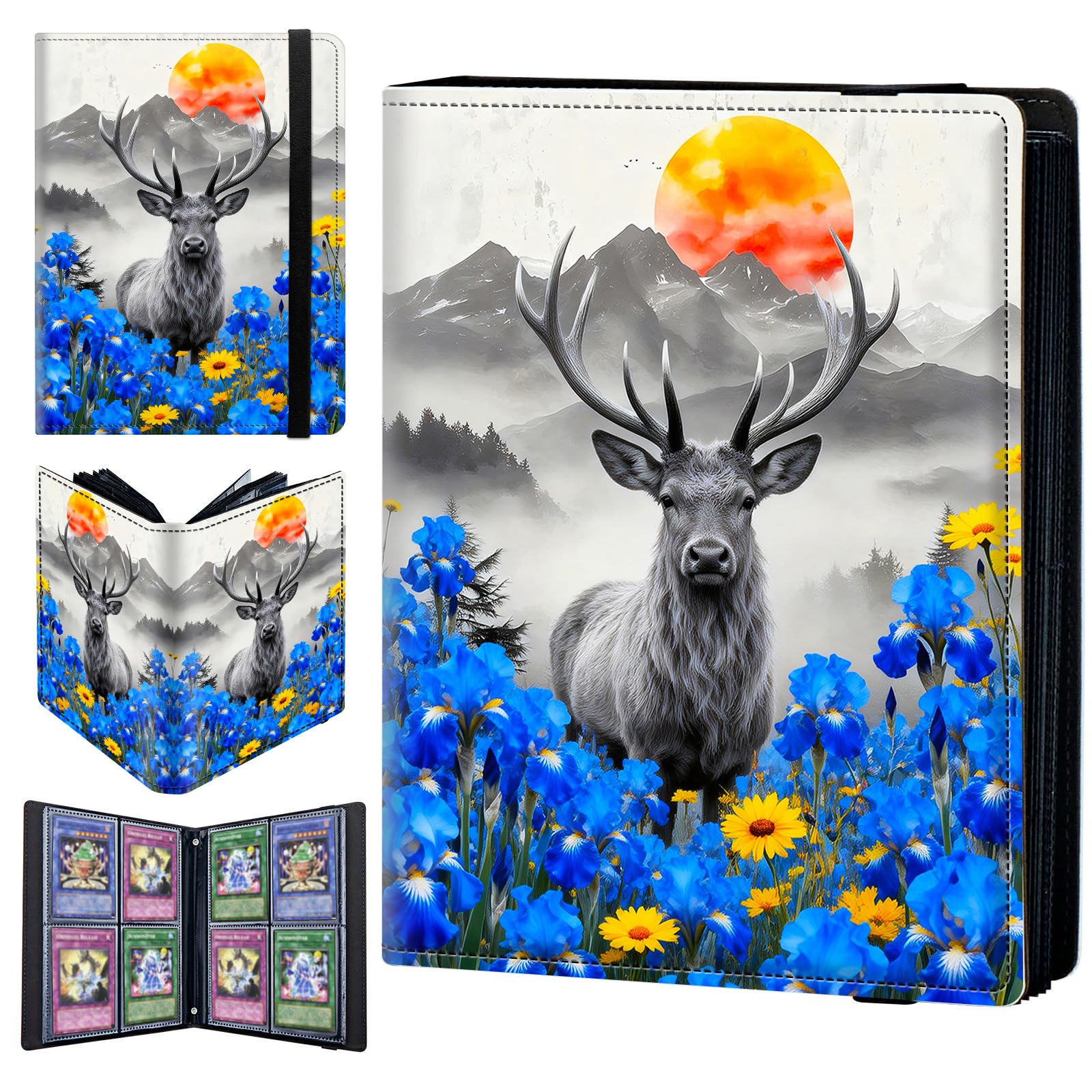 4 Pocket Trading Card Binder 400 Side Loading Pocket Album with Blue Flower Deer Mountain Pattern Design Card Binder for Sports Cards & Game Cards
