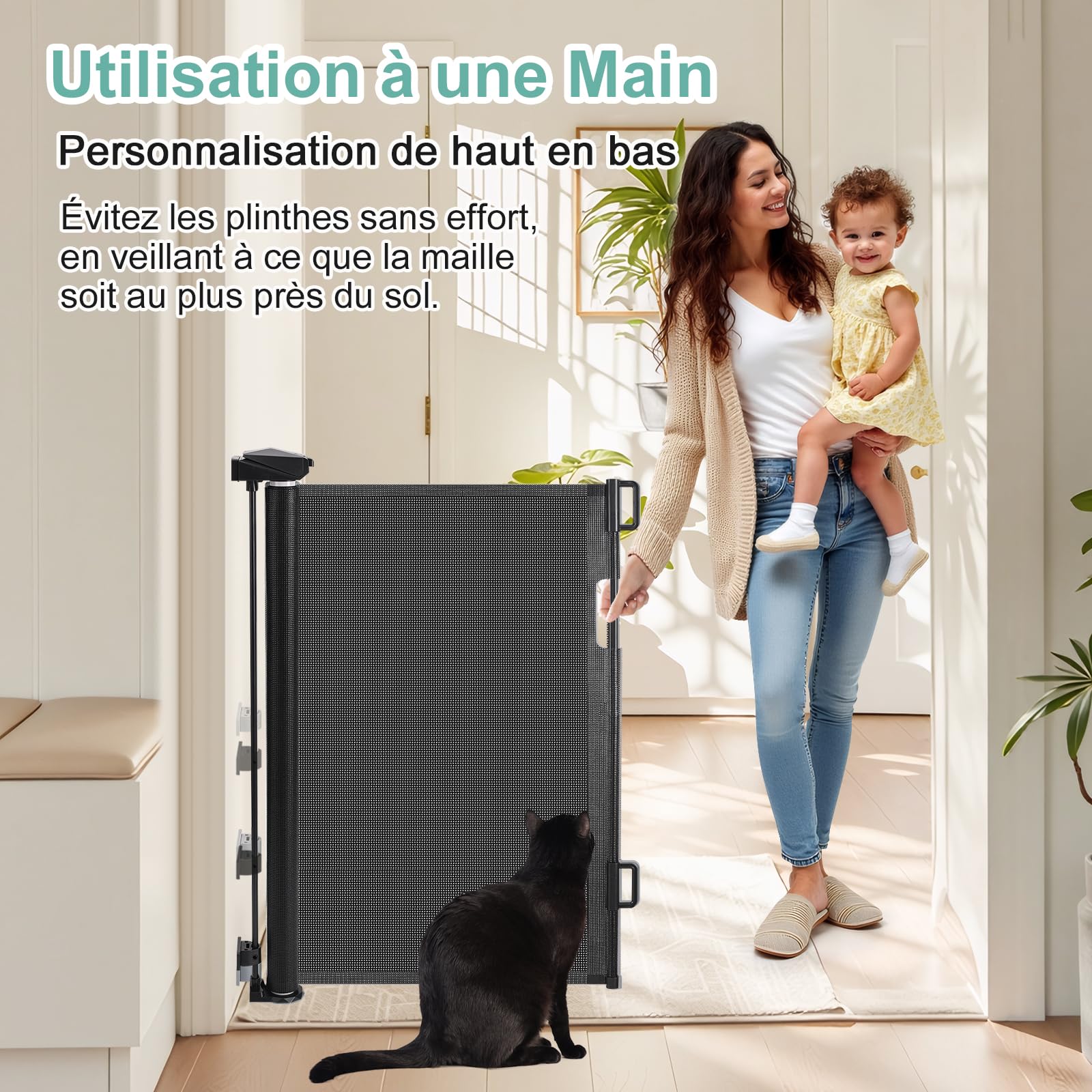 Barrière Sécurité pour Enfant Chien, Barriere de Securite Retractable, avec Renforcement en Fibre de Verre, pour Enfants et Aux Chiens Petits Moyens, Grands, 1.5M