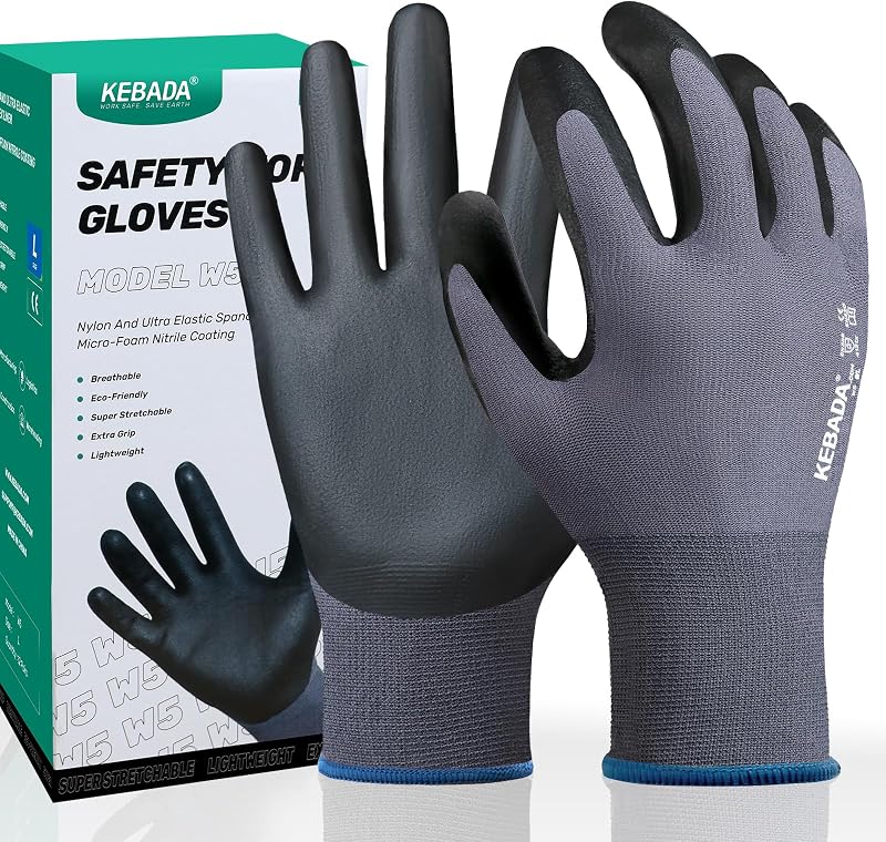 W5 Foam Nitrile Coated Work Gloves for Men & Women, 12 Pairs | Seamless Nylon Knit, Strong Grip, Safety Gloves for General Purpose, Mechanic Work, Warehouse, Construction & Gardening
