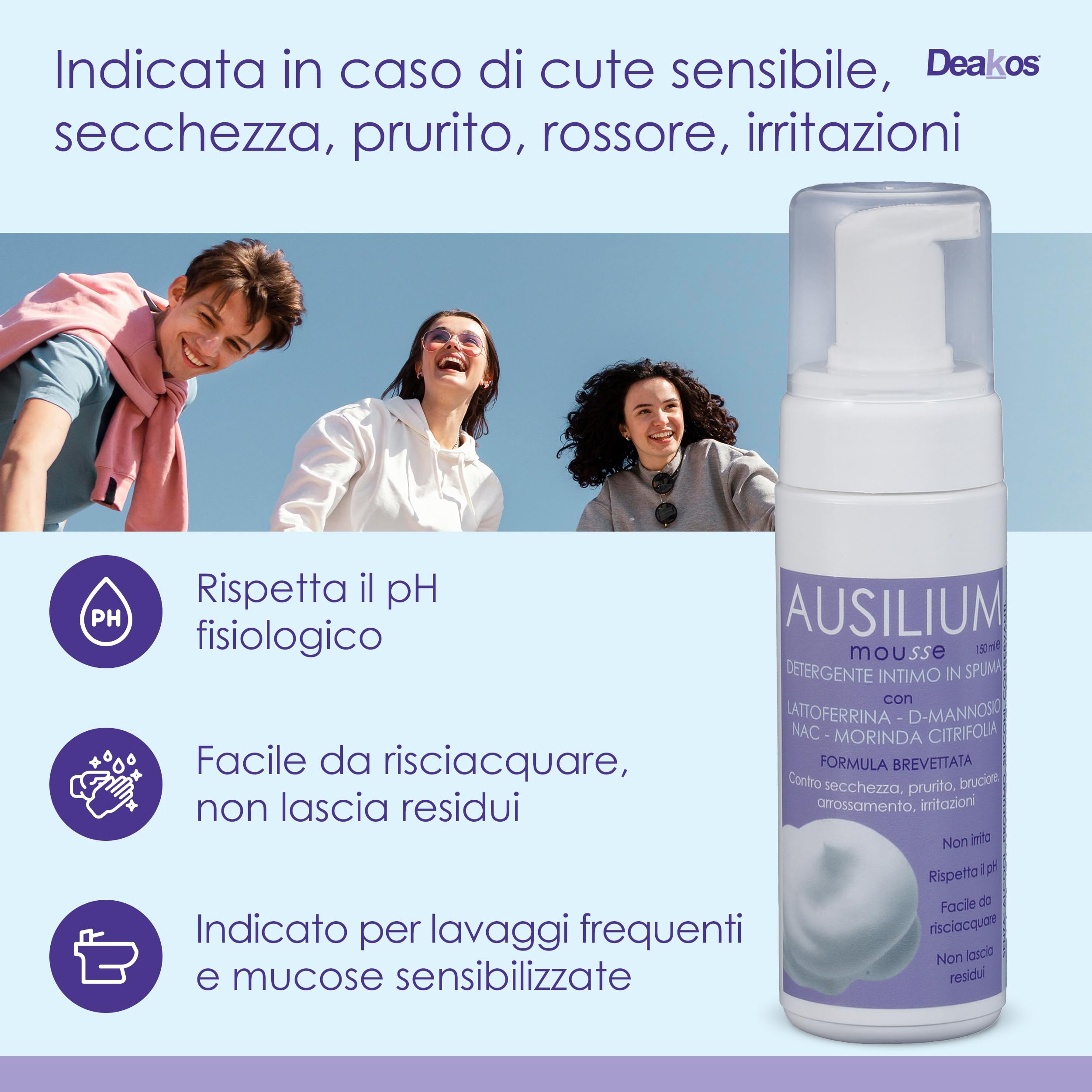 Deakos Ausilium Mousse - Detergente Intimo Donna Antibatterico e Lenitivo - Sapone Intimo Donna, Uomo e Bambino con Lattoferrina, D Mannosio, NAC e Morinda - Antiodore, Senza Parabeni e Siliconi