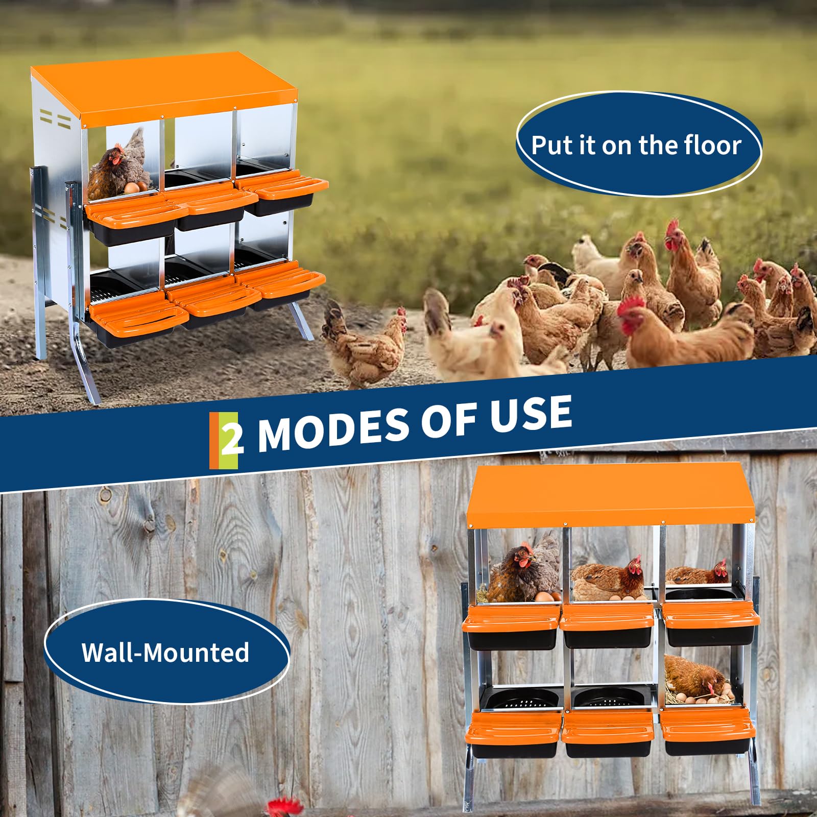 GarveeHome Ponederos gallinas gallinero Exterior, Caja metálica con Ruedas para gallinas, Ideal para Recoger Huevos fácilmente: 6 Compartimentos, Tapa extraíble, ventilada, Muy Resistente gallineros