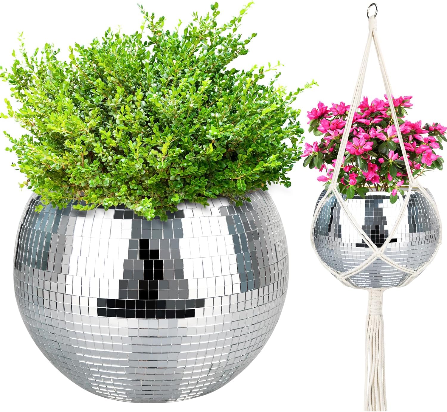 Disco Ball Planter, 1pcs 10” Silver Disco Ball Planter, Disco Ball Plant Hanger with Hanging Rope, Hanging Chain, Hook, Circle and Extra Mirror Pieces